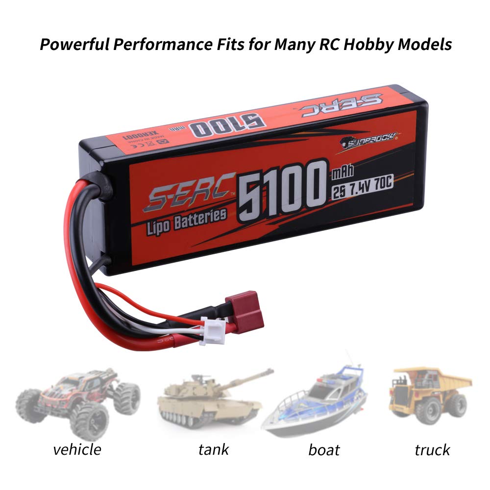 SUNPADOW 2S 7.4V 5100mAh 70C Lipo Battery with Deans T Connector - Rechargeable Hard Case Battery for 1/8 1/10 RC Cars, Trucks, Tanks & Buggies - Perfect for Off-Road Racing, Drifting and RC Vehicle Enthusiasts