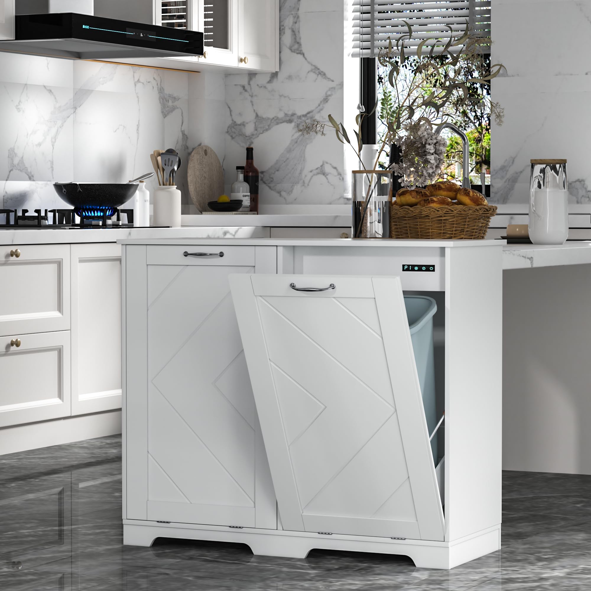 VECELO Double Tilt-Out Kitchen Trash Bin Cabinet - Dog Proof Garbage Can with Wood Holder, Free Standing Recycling Bin for Kitchen, Bathroom, Office - White