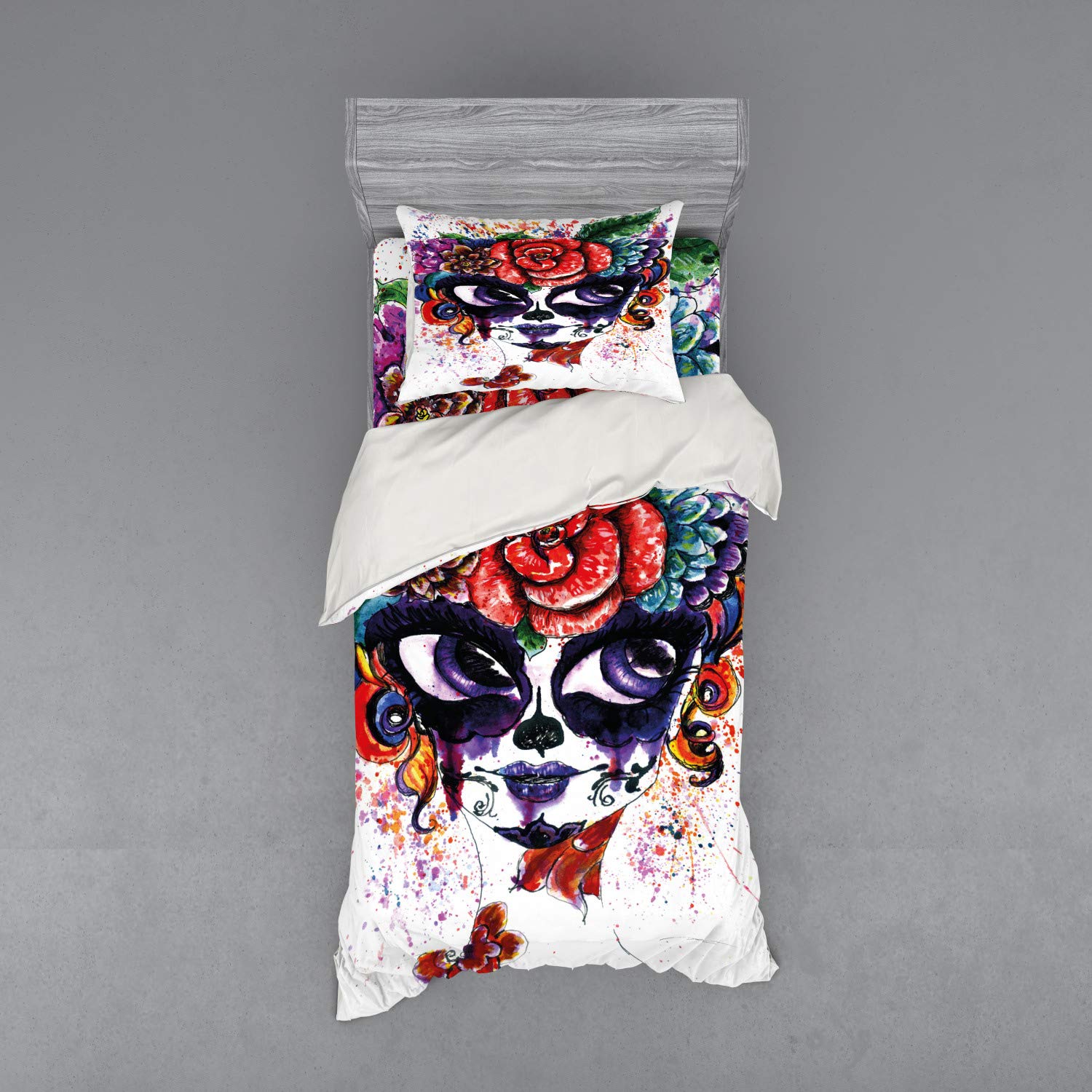 Ambesonne Sugar Skull Duvet Cover Set - Watercolor Floral Crown Girl Face with Big Eyes, 3-Piece Twin Size Bedding Set with Pillow Sham & Fitted Sheet, Vibrant Multicolor | Perfect for Day of the Dead Decor, Gothic Bedroom Theme & Bohemian Style Home Decor