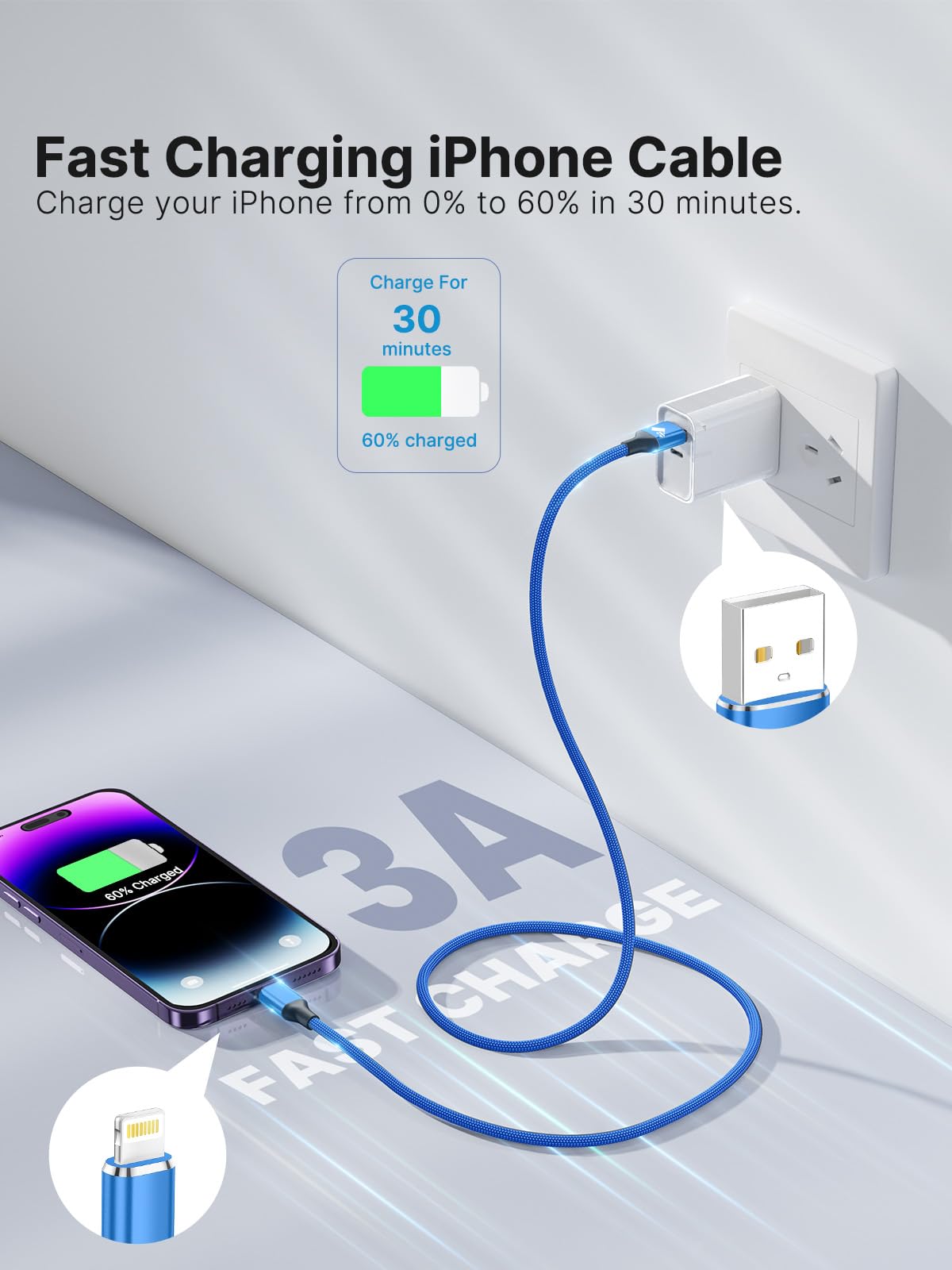 3-Pack MFi Certified iPhone Charger Cable - 2M Lightning Cable, Nylon Braided Fast Charging Cord for iPhone 14/13/12/11 Pro Max/XS/XR/X/8/7/6 Plus/5/5s/SE - Durable USB Charging Lead for Home, Office & Travel