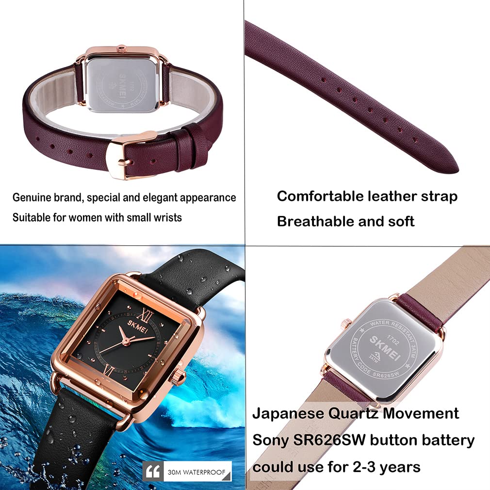 SKMEI Women's Square Watch - Slim Light Leather Band, Waterproof Analog Quartz Watch for Ladies - Perfect for Casual Wear, Office & Gift for Girls