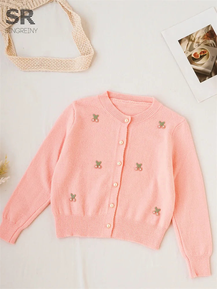 Cherry Beading Design Sweater for Women - Elegant Knit Pullover with Floral Embroidery - Perfect for Casual Outings, Office Wear & Date Nights