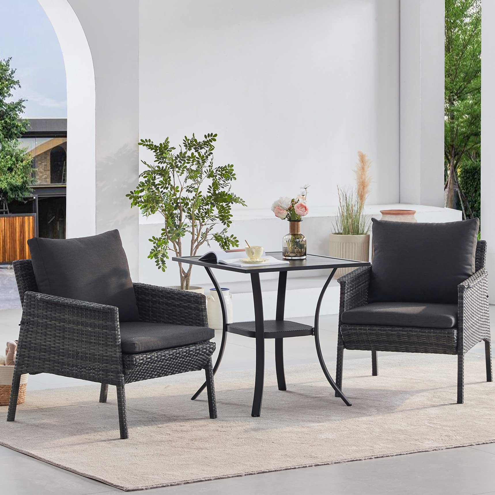 VICLLAX 28x28 Inch Small Patio Dining Table - Black Metal Slatted Tabletop with Storage Shelf for Outdoor Deck, Lawn, Garden & Backyard - Perfect for BBQs, Picnics & Outdoor Entertaining