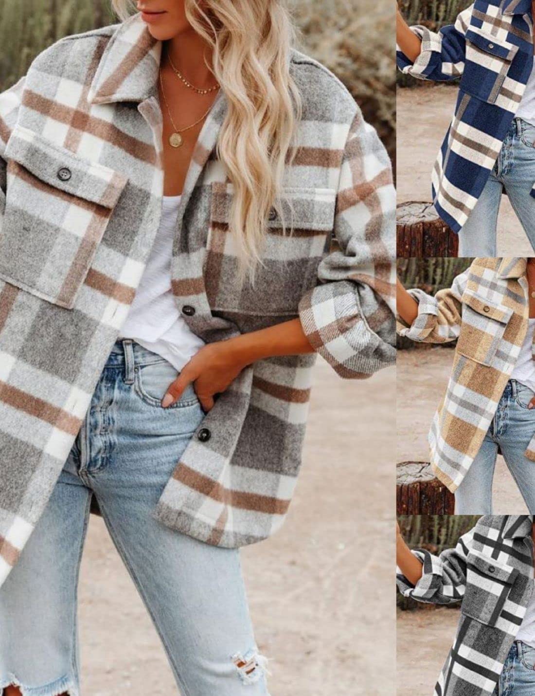 Happlan Women's Long Sleeve Plaid Shacket Jacket - Casual Lapel Tweed Pea Coat for Fall & Winter | Perfect for Office, Date Night and Outdoor Activities