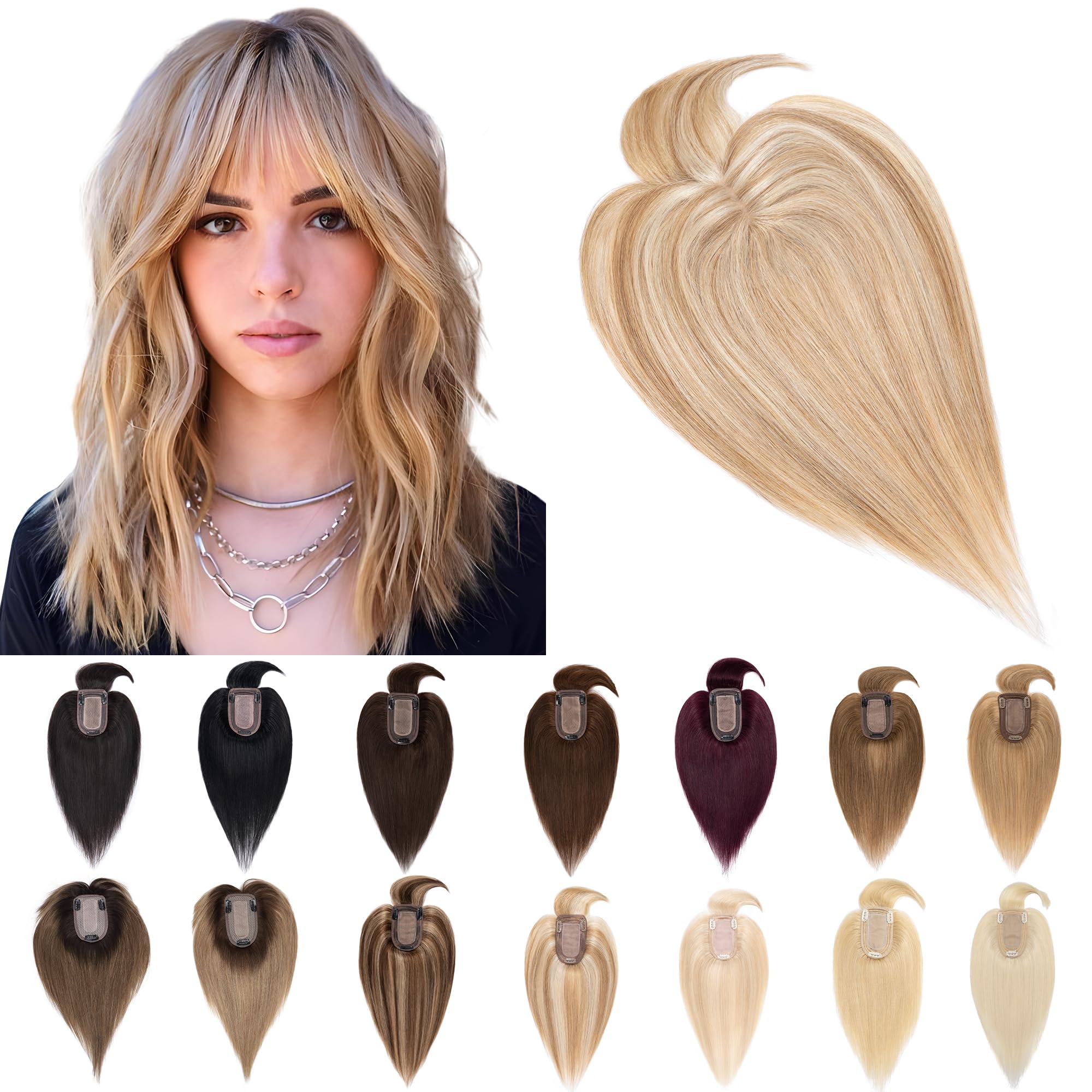 SEGO 100% Remy Human Hair Topper with Bangs - 7x13cm Silk Base Clip-in Top Wiglet for Thinning Hair - 16 Inch Golden Brown & Bleach Blonde - Perfect for Daily Wear, Parties & Special Occasions