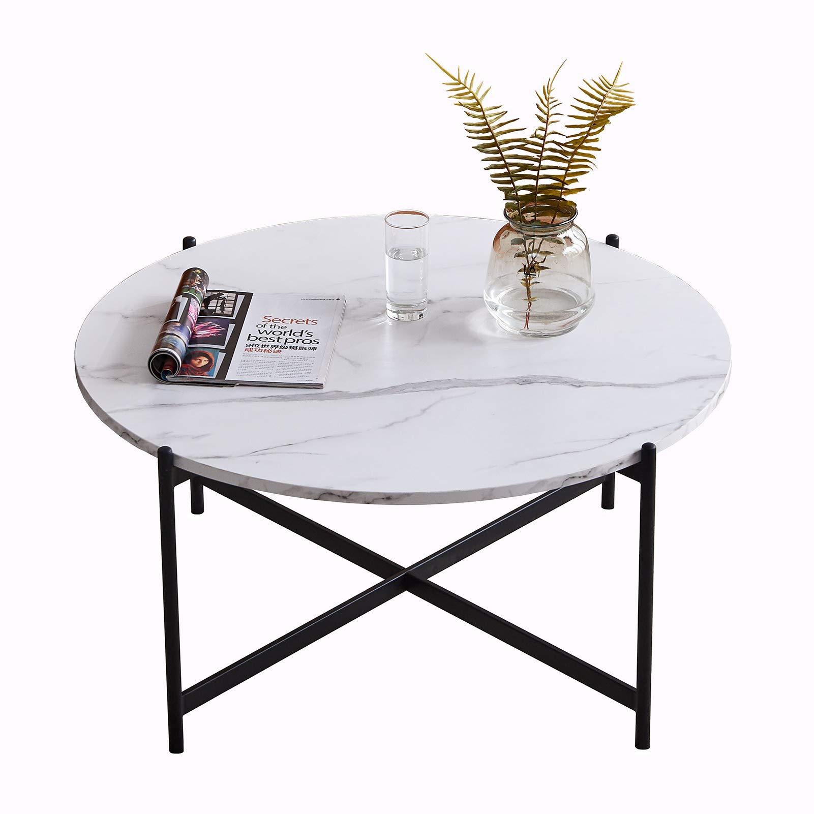 Modern Round Coffee Table with Marble Top - Black Nesting Coffee Table for Living Room - Stylish Home Office End Table - Perfect for Small Spaces & Modern Decor