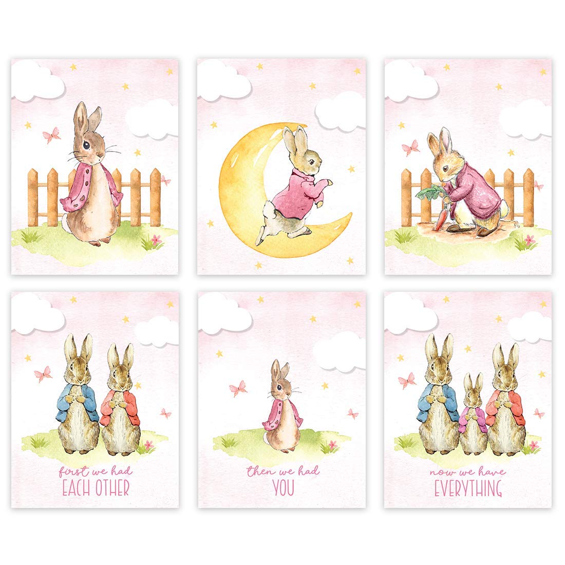 Peter Rabbit Nursery Wall Art - 6-Pack Watercolor Pink Unframed Posters 8.5x11 inch - First We Had Each Other Quote - Kids Room Decor for Baby Shower, Children's Bedroom & Playroom