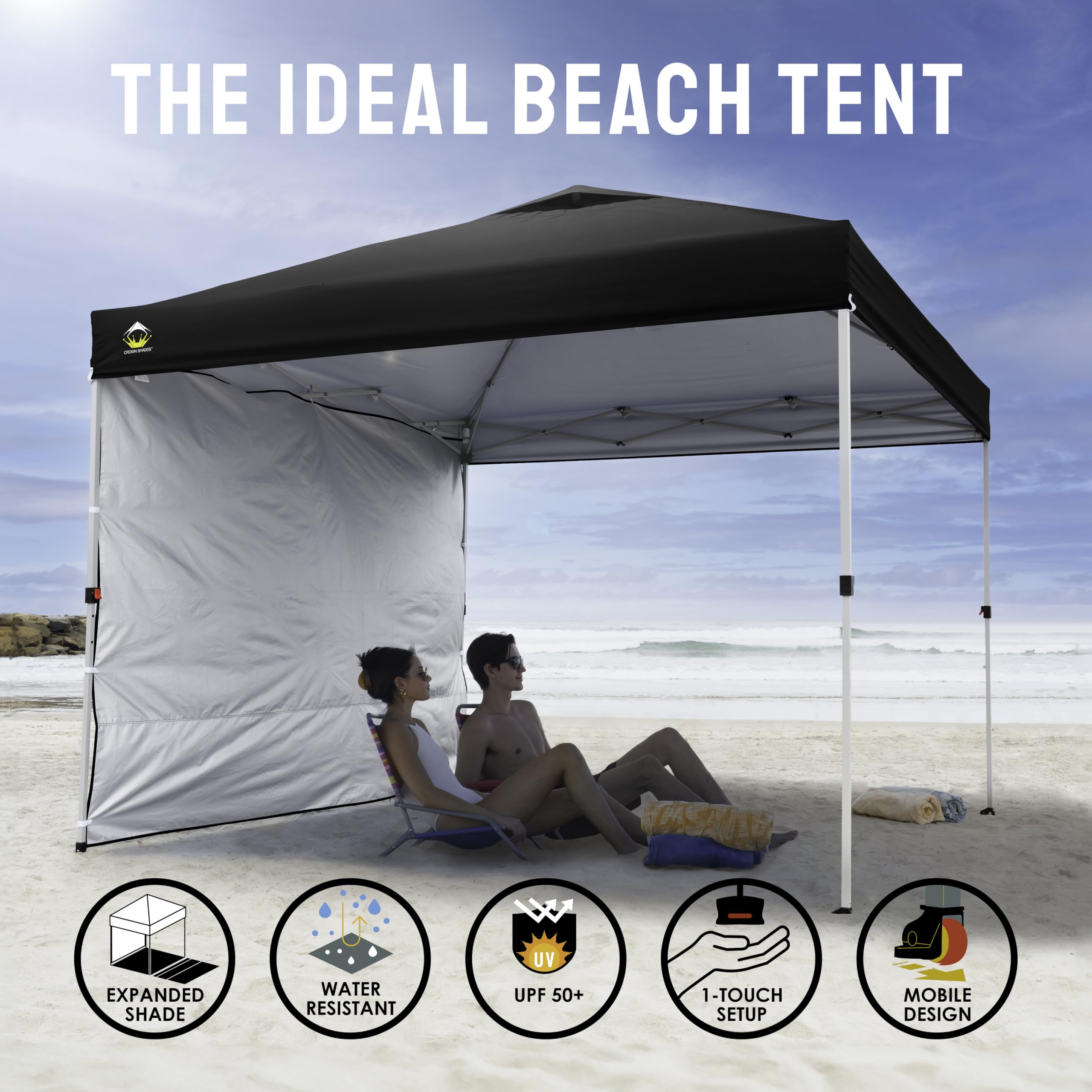 CROWN SHADES 10x10 Pop Up Canopy Tent with 1 Side Wall - Instant Setup Beach Shade for Outdoor Events, Parties & Camping - Portable Gazebo with STO-N-Go Carry Bag (Black) - Perfect for Backyards, Picnics, Tailgating & Beach Trips