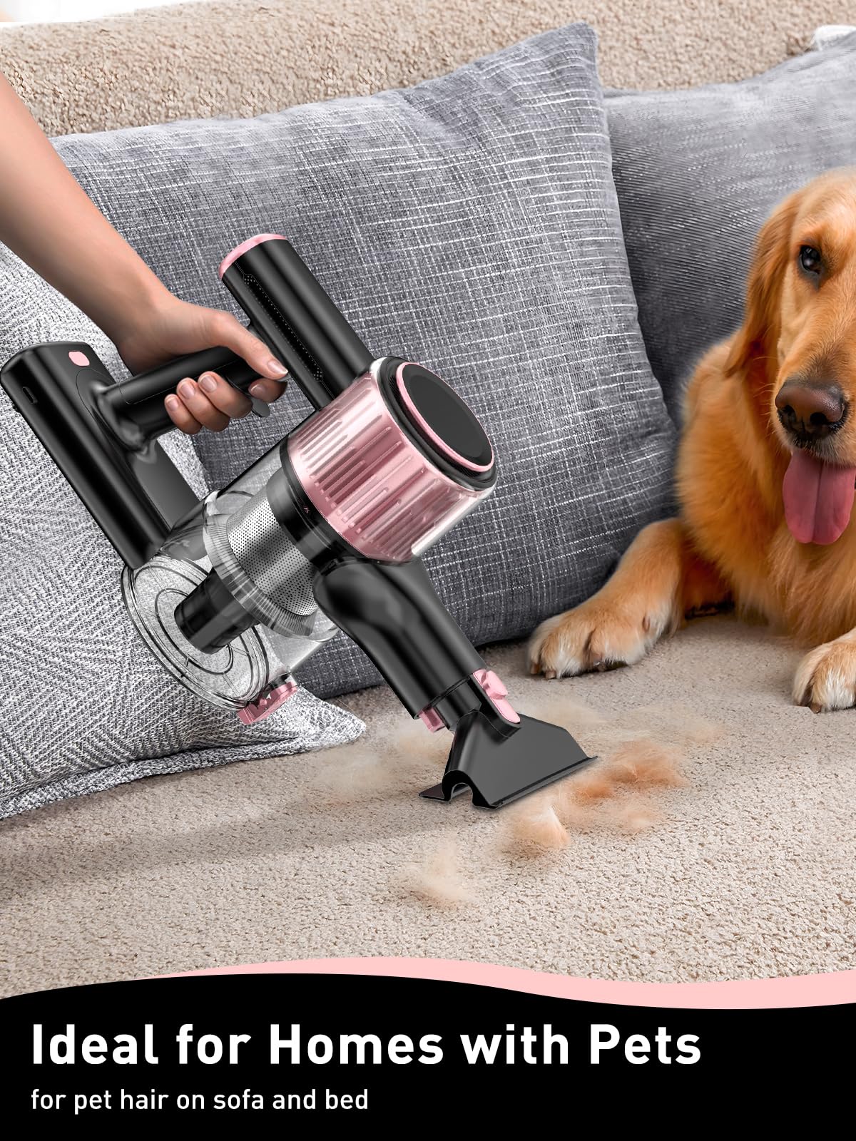 8-in-1 Cordless Vacuum Cleaner with Powerful Suction - Lightweight Stick Vacuum for Hard Floors & Carpets | LED Display, 3 Suction Modes, 45Min Detachable Battery | Perfect for Pet Hair, Home Cleaning & Quick Pickups (Pink)