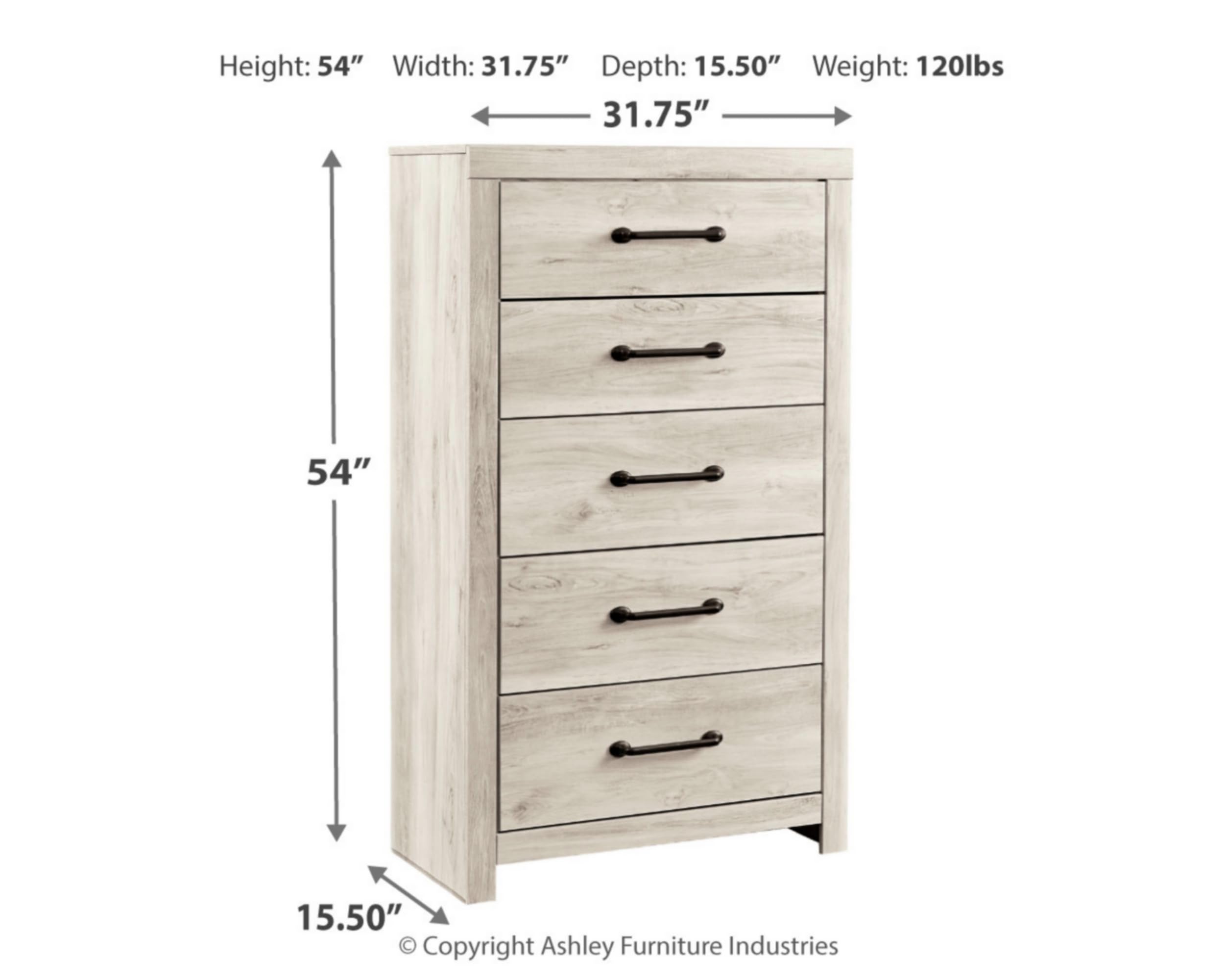 Signature Design by Ashley Cambeck Industrial 5-Drawer Chest with Safety Stop - Whitewash Finish | Modern Bedroom Dresser, Nursery Storage & Home Organization Solution