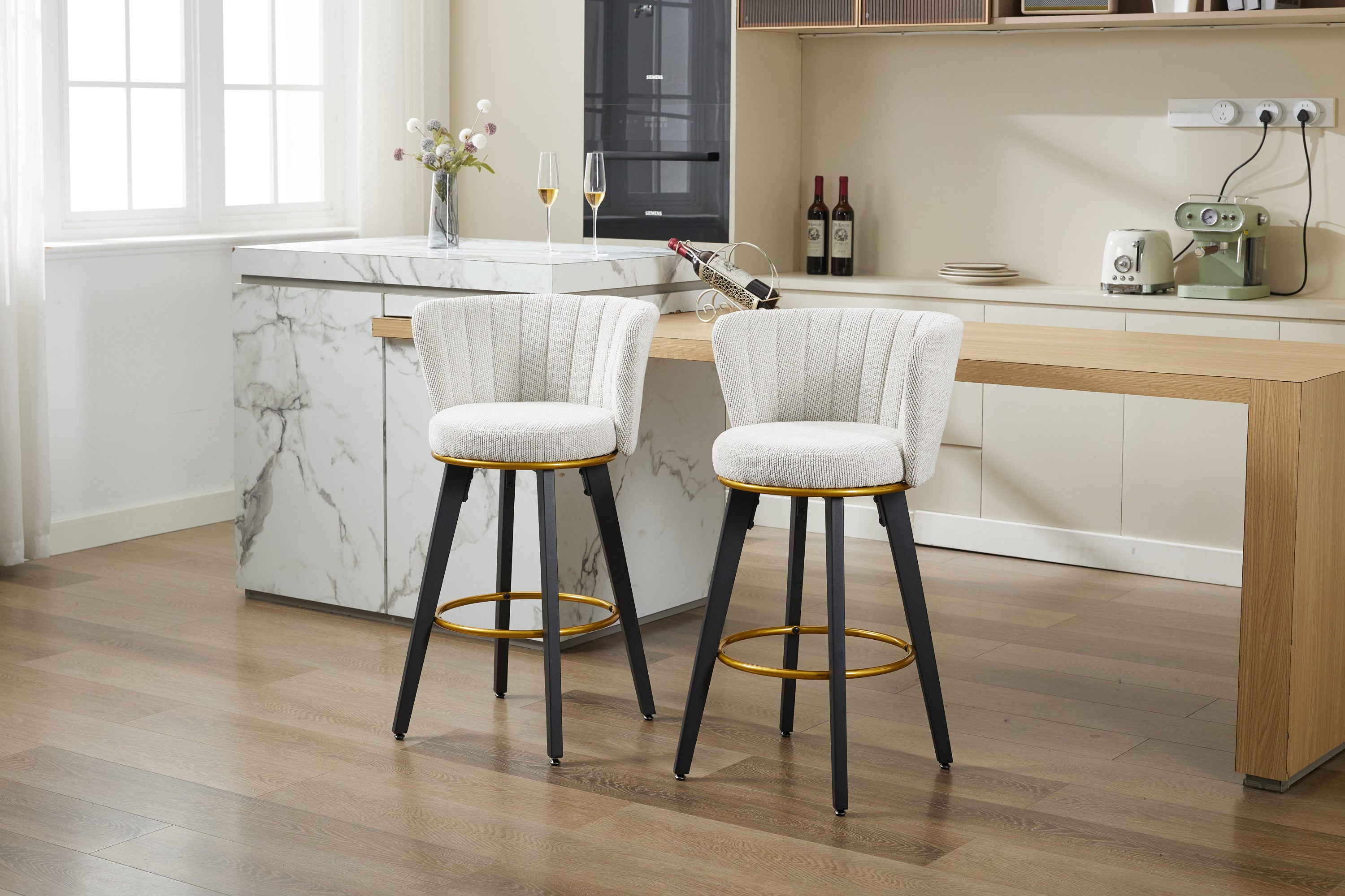 2-Pack Counter Height Bar Stools with 360° Swivel, Upholstered Back & Metal Legs - 26 Inch Seat Height, Velvet Fabric & Gold Footrest - Perfect for Kitchen Islands, Breakfast Bars & Home Decor