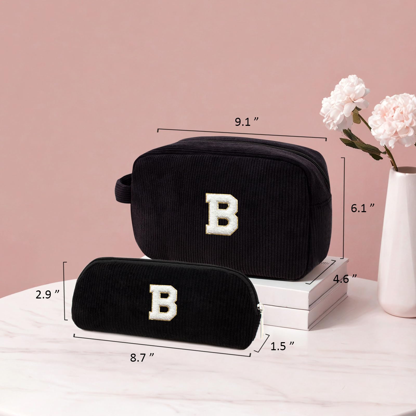 Personalized Initial Makeup Bag Set - Cute Preppy Cosmetic Travel Toiletry Pouch for Purse Organizer | Perfect Birthday Gift & Mother's Day Present (Black, B) | Ideal for Travel, Gym, Daily Use & Gift Giving