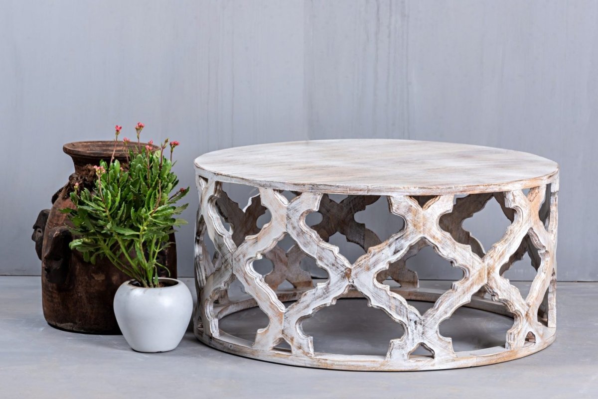 Hand Carved White Wooden Coffee Table - Modern Living Room Furniture for Home Decor & Relaxation