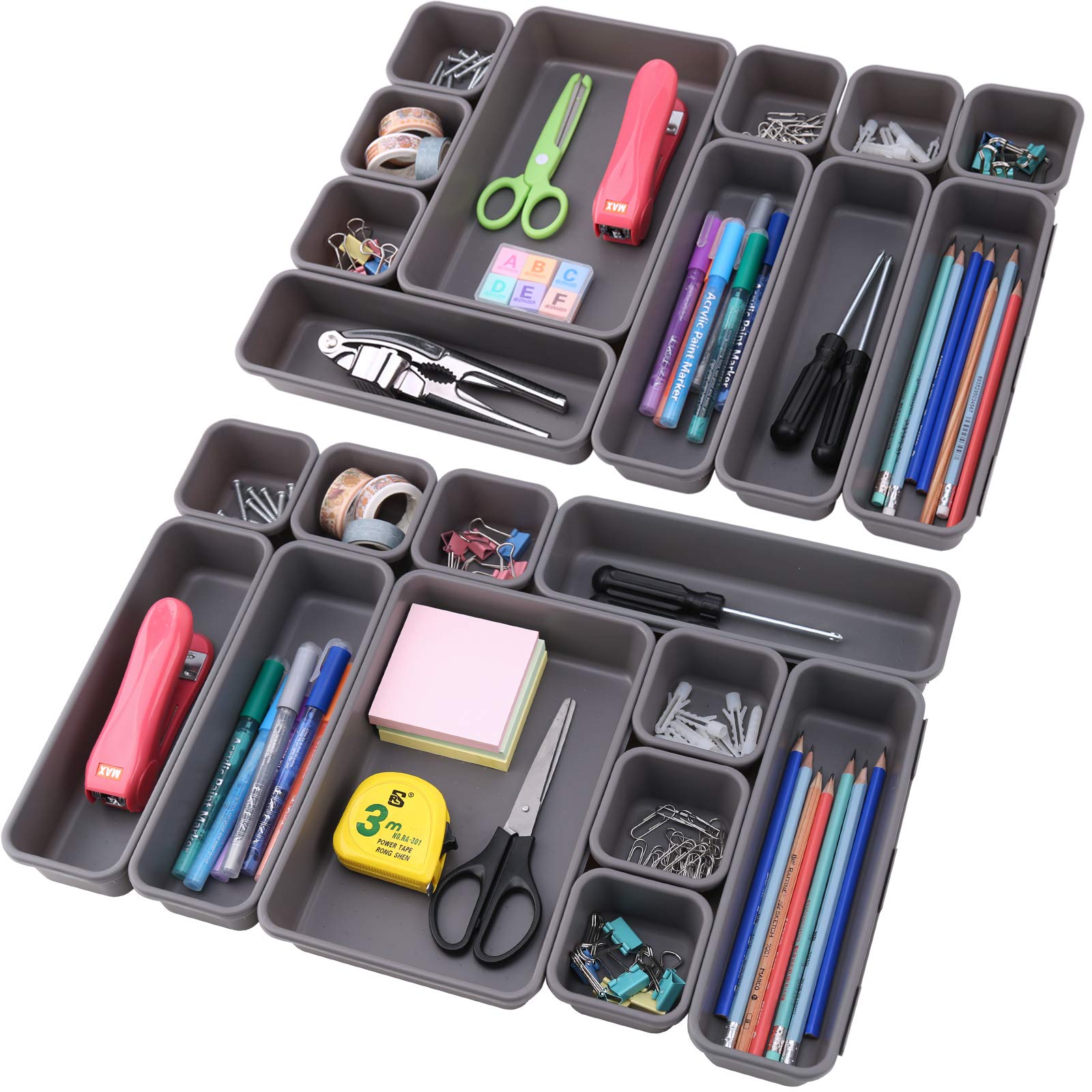 KeFanta 22 Pack Interlocking Drawer Organizer Trays - Space Saving Grey Storage Bins for Office, Bathroom, Kitchen & Makeup Organization - Perfect for Clutter-Free Desks, Vanities and Cabinets