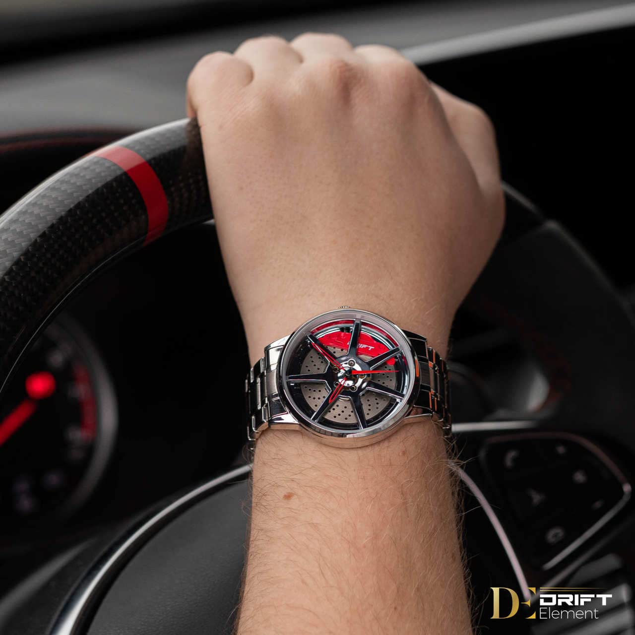 DriftElement Men's Motorsport Watch - Stainless Steel 3D Rim Design, Mineral Glass, Quartz Movement (Silver-Red) | Perfect for Racing Enthusiasts & Stylish Everyday Wear