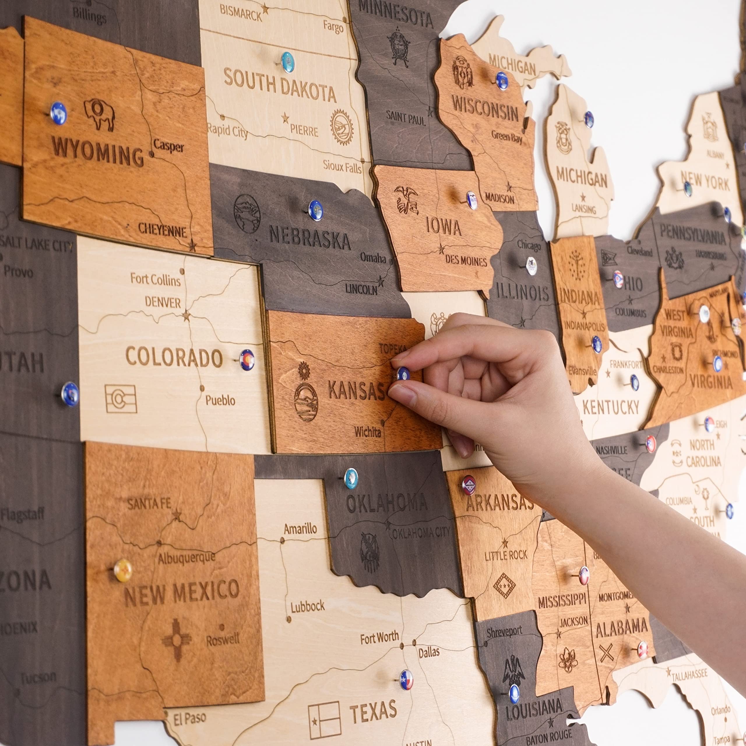 3D Wooden USA Map Wall Art - Patriotic Home Decor for 4th of July, Travel Lovers & New Home Gifts - Push Pin Map with Wall Stickers - Perfect for Office, Living Room & Housewarming Presents (Men & Women)