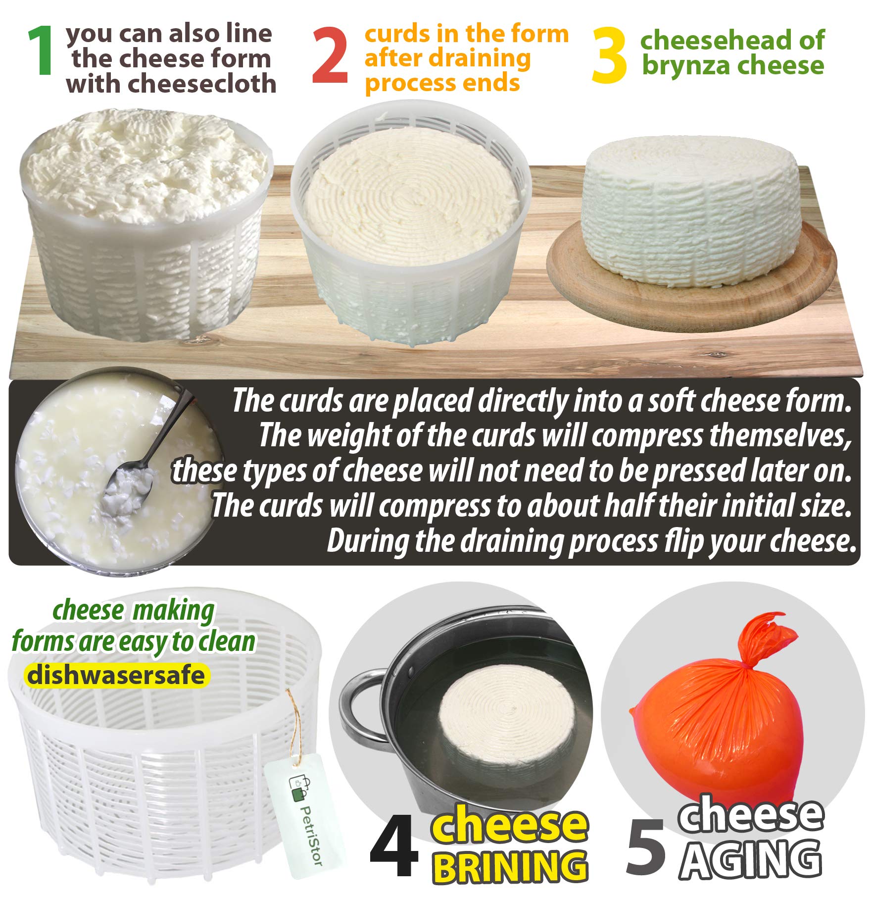 6-Piece Soft Cheese Mold Set for Homemade Cheese Making - 1.25QT Small Cheese Basket Mold for Feta, Ricotta & Cream Cheese - DIY Cheese Making Supplies - Perfect for Artisan Cheesemaking at Home (Molde Para Queso Fresco Casero) - Great for Gifts, Cooking Classes & Farmhouse Kitchens