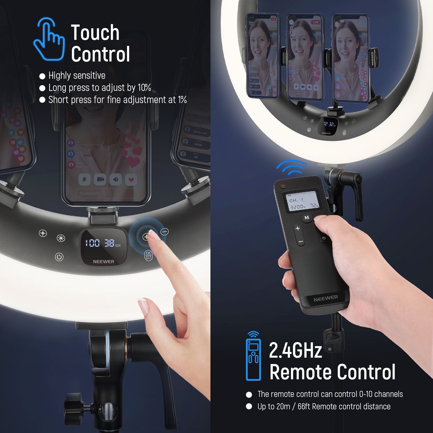 NEEWER RP19H 19-Inch LED Ring Light with 3 Phone Holders - Perfect for YouTube, TikTok, Live Streaming & Photography Studio Lighting
