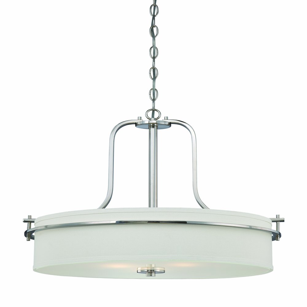 Nuvo Lighting 60/5108 Loren 4-Light Pendant - 60W A19 Max White Linen Shade & Etched Opal Diffuser - Polished Nickel Fixture for Dining Room, Kitchen Island or Entryway Lighting