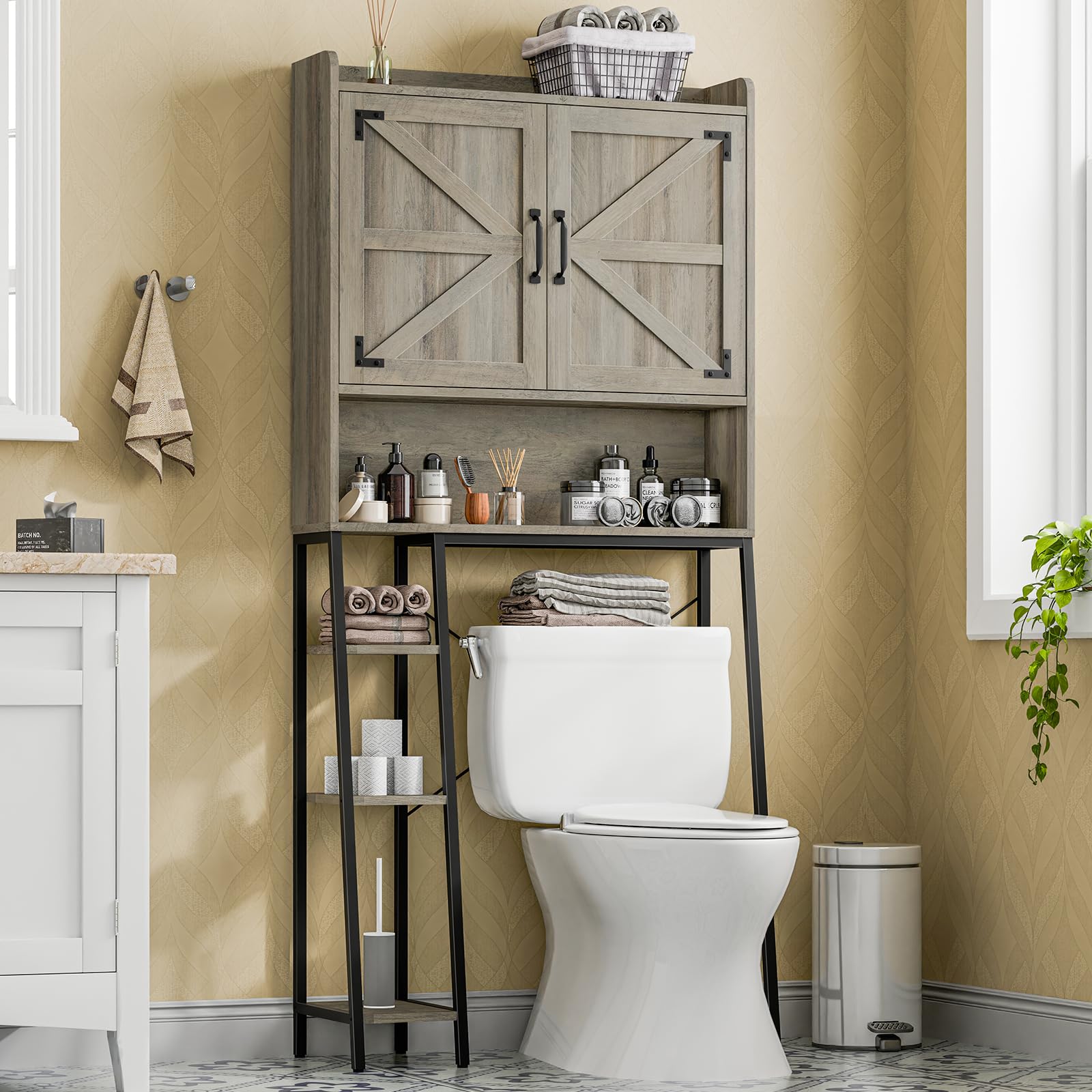 Farmhouse Style Over The Toilet Storage Cabinet with 2 Barn Doors & Toilet Paper Holder - Space Saving Bathroom Organizer for Toiletries, Towels & Essentials - Perfect for Small Bathrooms, Powder Rooms & Restrooms