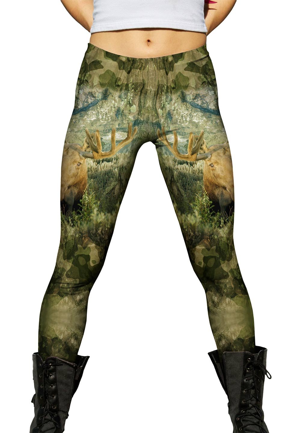 Yizzam Women's Green Camo Moose Print Leggings - Soft Stretchy Yoga Pants for Workout, Running & Casual Wear