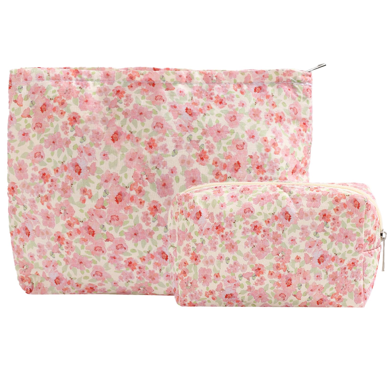 LYDZTION 2PCS Floral Makeup Bags for Women - Small Travel Toiletry Cosmetic Bag Set with Bow Design, Portable Zipper Pouch for Makeup, Jewelry & Essentials (Carnation Pink) - Perfect for Travel, Gym & Daily Organizer