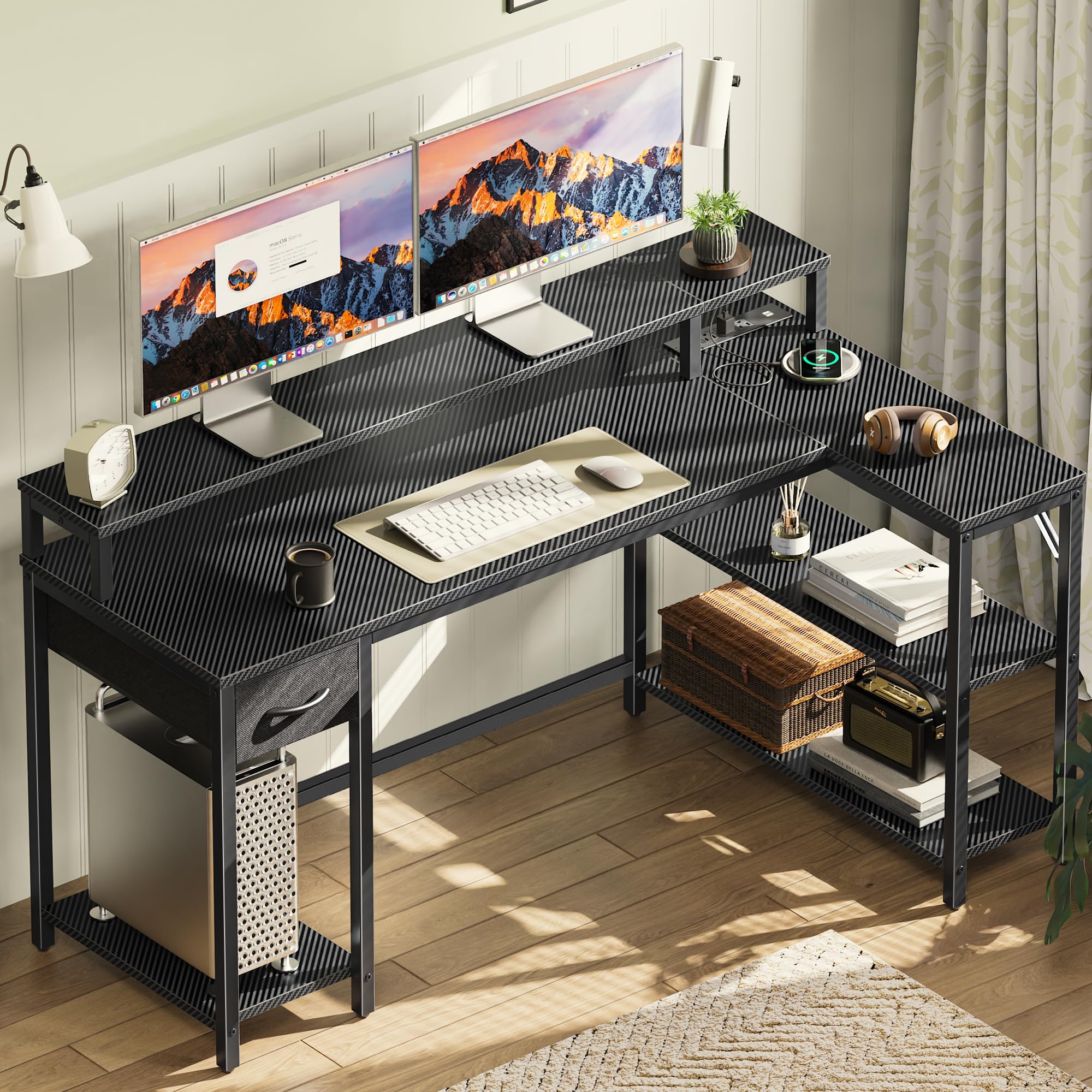 SUPERJARE 53 inch Reversible L-Shaped Desk with LED Lights & Power Outlets - Home Office Computer Desk with Shelves, Monitor Stand & Drawer - Gaming Desk for Small Spaces - Carbon Fiber Black Corner Workstation for PC Setup & Remote Work