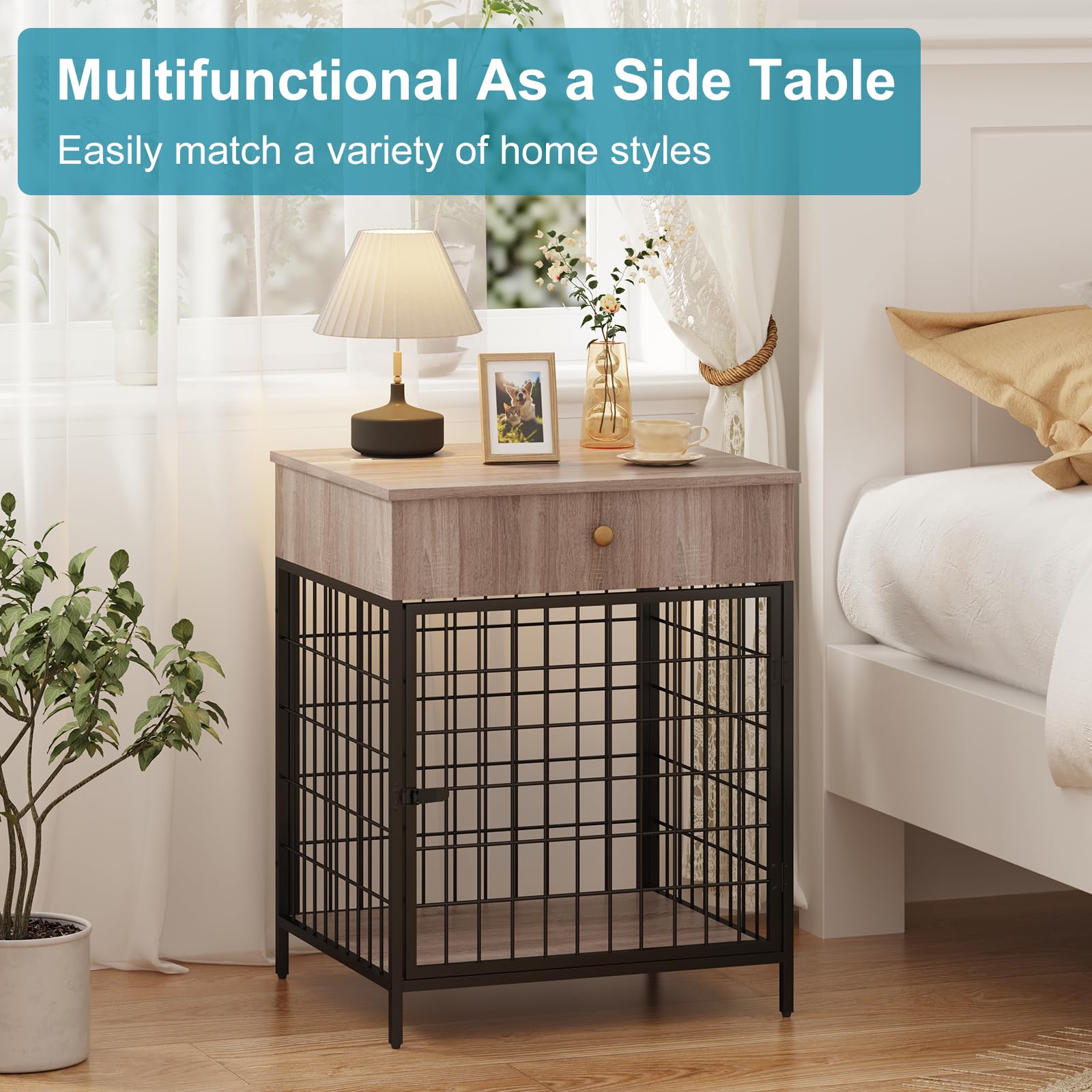 Grey Steel-Tube Dog Kennel Table with Storage Drawer - Chew-Proof Indoor Pet Crate End Table for Small Dogs | Perfect for Living Room, Bedroom & Apartment Pet Furniture