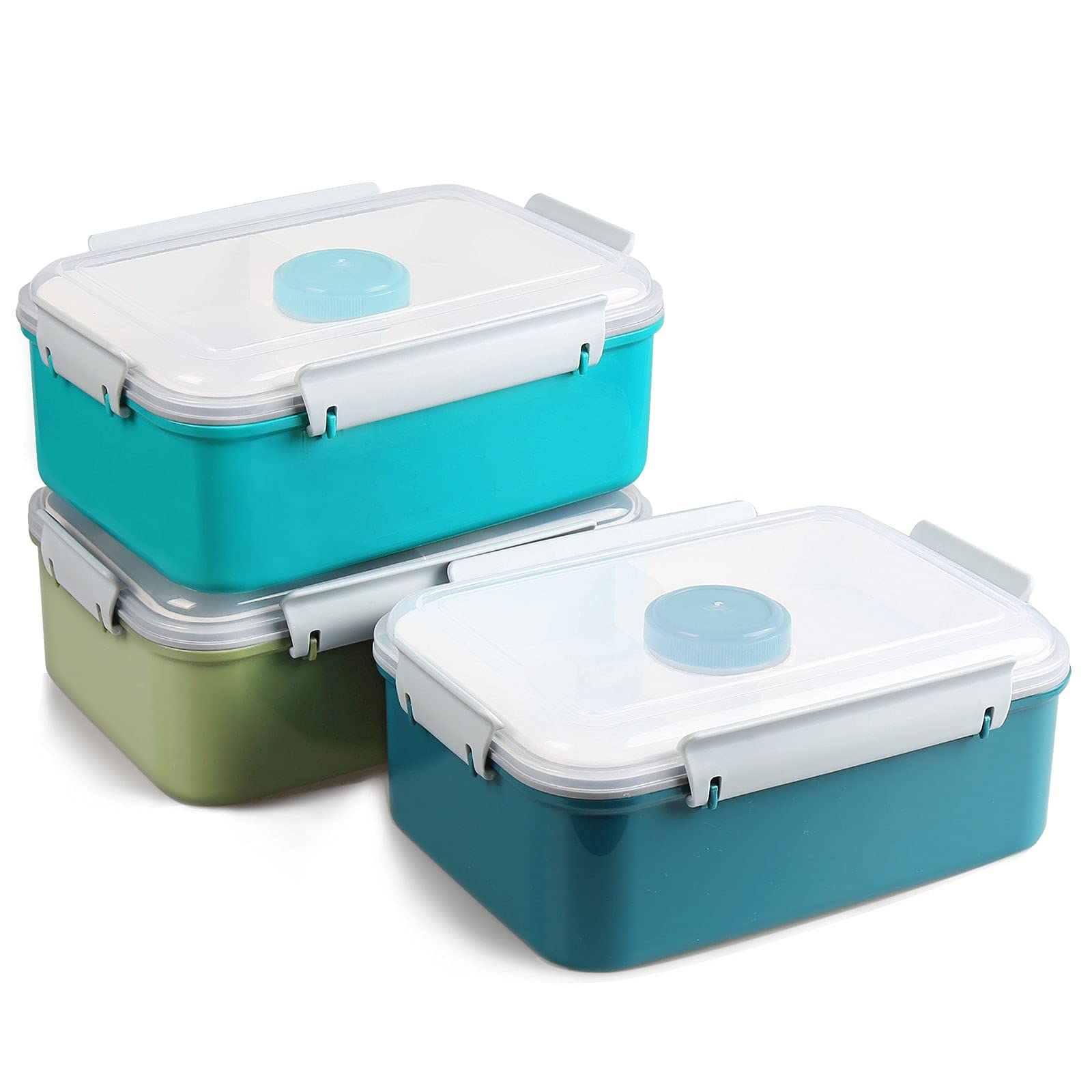 3 Pack 47oz Bento Box Meal Prep Containers with Lids - Reusable Salad Lunch Box with Removable Tray & Dressing Pots - Microwave Safe Food Storage for Kids & Adults - Perfect for Office Lunch, Picnics & Meal Prepping