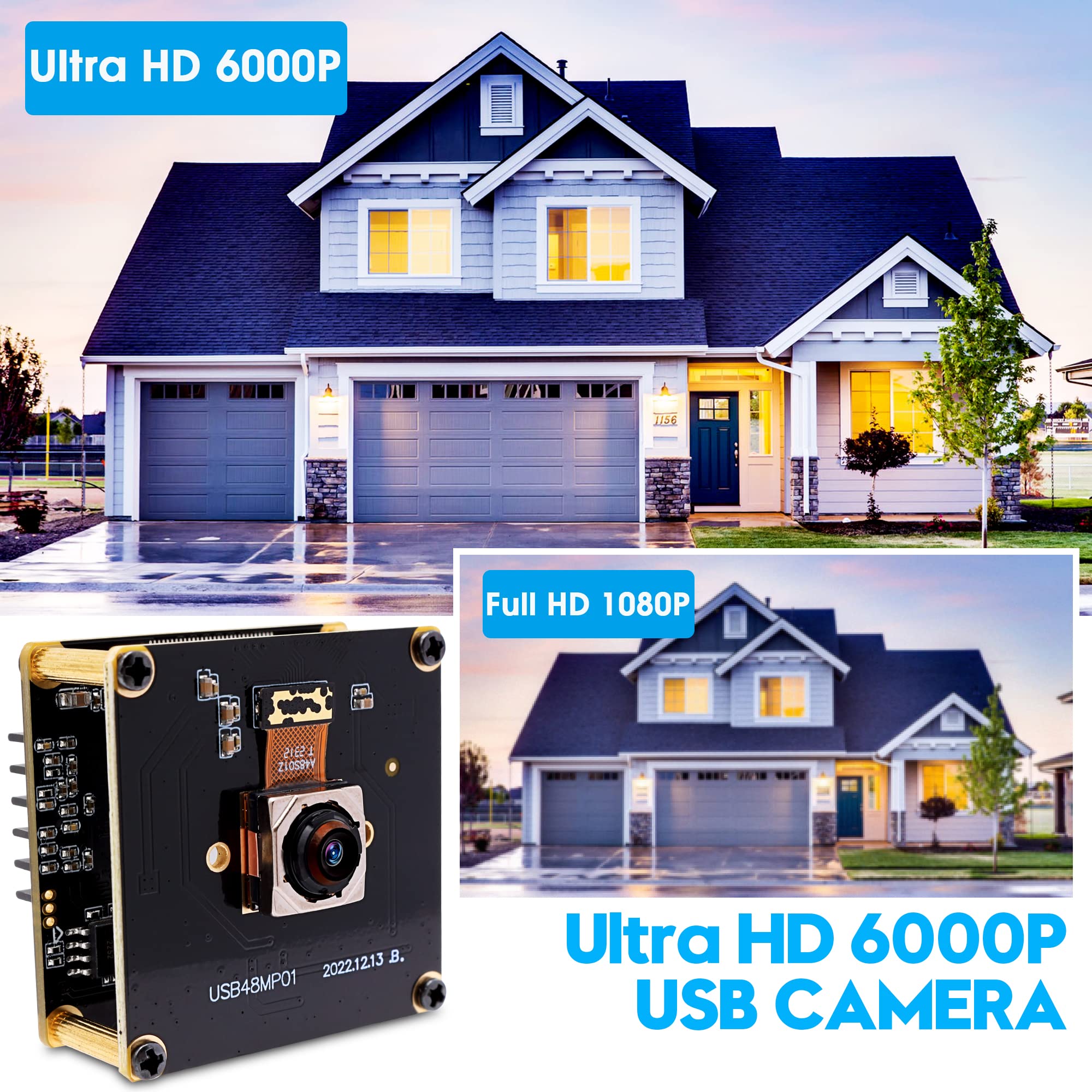 48MP USB Camera Module with Fast Auto Focus - 70° No Distortion Lens Webcam | UVC USB 2.0 Industrial Camera (8000x6000) for PC/Laptop/Jetson | Perfect for Video Conferencing, Live Streaming & Machine Vision Applications