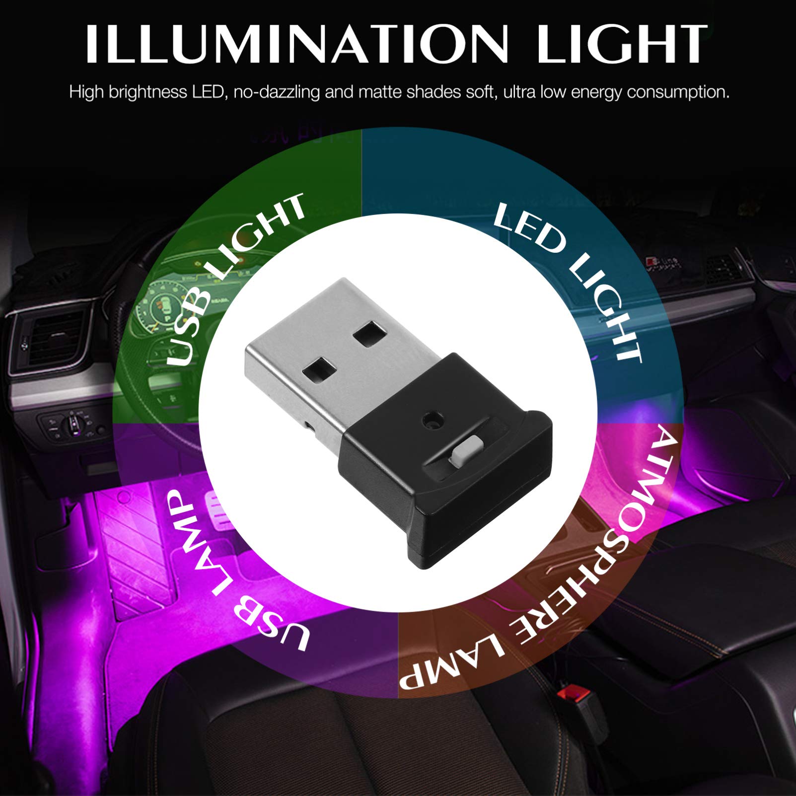 USB LED Car Interior Ambient Lighting - Decorative Atmosphere Lamp for Auto Vehicle, Night Light Bulbs - Perfect for Night Driving & Interior Decoration