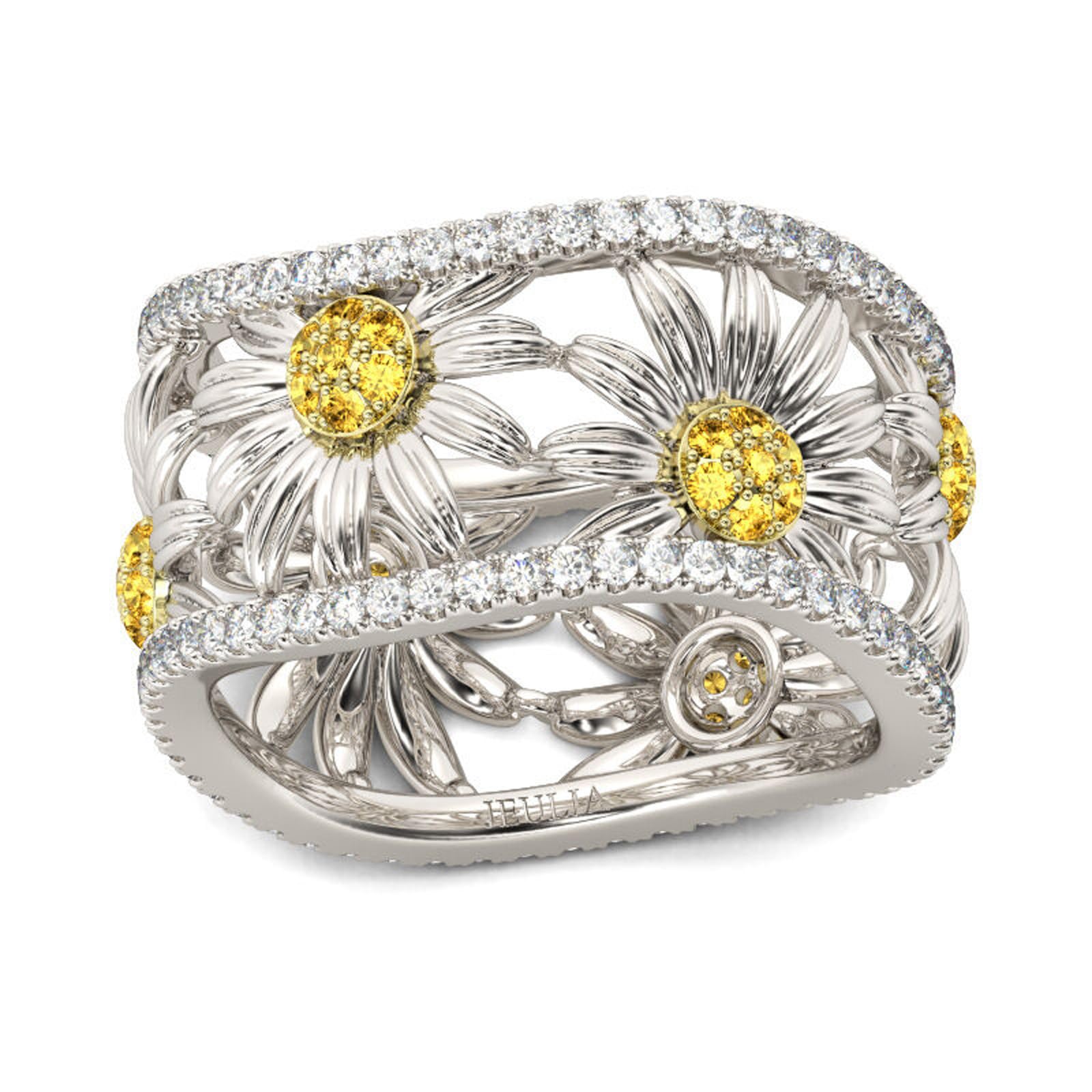 Jeulia Women's Sunflower Band Ring - S925 Sterling Silver Yellow Diamond Hollow Curved Promise Ring for Anniversary, Birthday, Valentine's Day Gift | Perfect for Everyday Wear, Date Night & Special Occasions