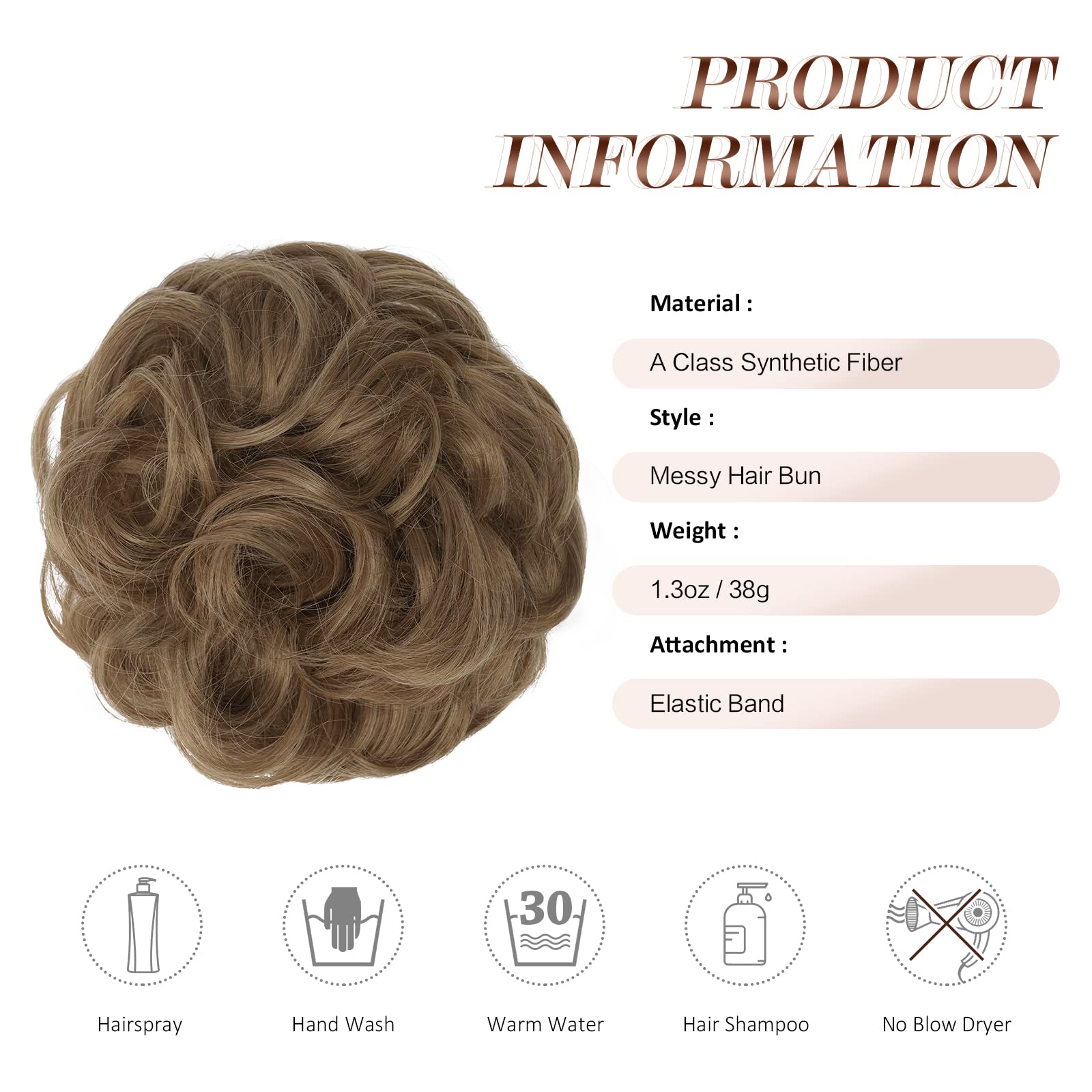FESHFEN Updo Hairpiece - Ponytail & Bun Hair Extensions with Scrunchy, Wavy Curly Messy Donut Chignon - 12T24 Light Golden Brown & Pale Golden Blonde Ombre - Perfect for Parties, Weddings & Everyday Styling