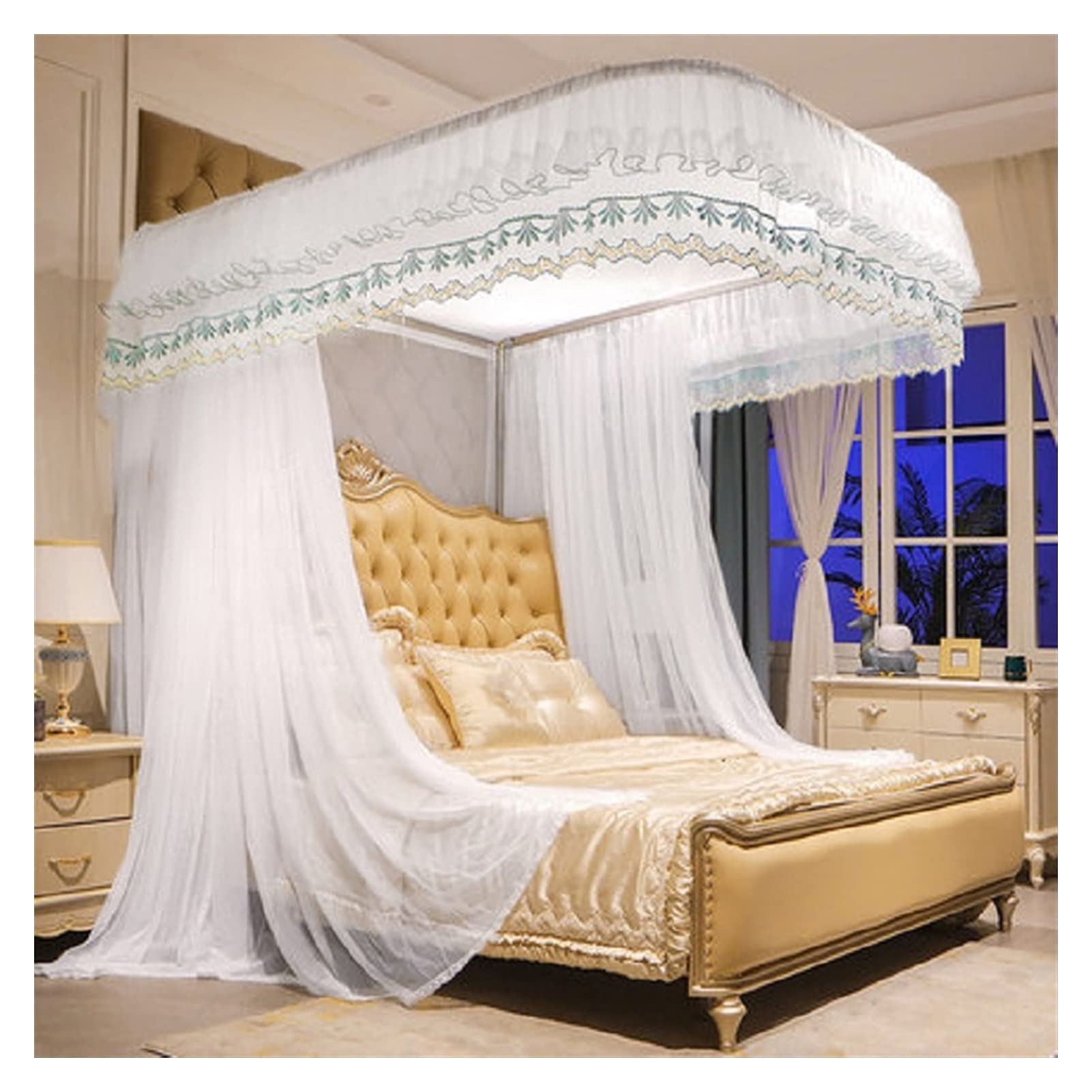 White U-Shaped Bed Canopy with Lace Trim - 2.0m (6.6ft) Gauze Net Curtain for Queen/King Size Beds | Breathable Mesh Bed Drapes for Romantic Bedroom Decor, Nursery, or Wedding Decoration