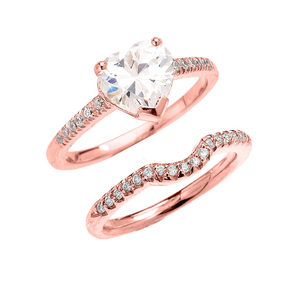 14K Rose Gold CZ Engagement Ring Set - Dainty Heart Shape Cubic Zirconia Solitaire Wedding Band for Women | Perfect for Proposals, Anniversaries & Romantic Occasions