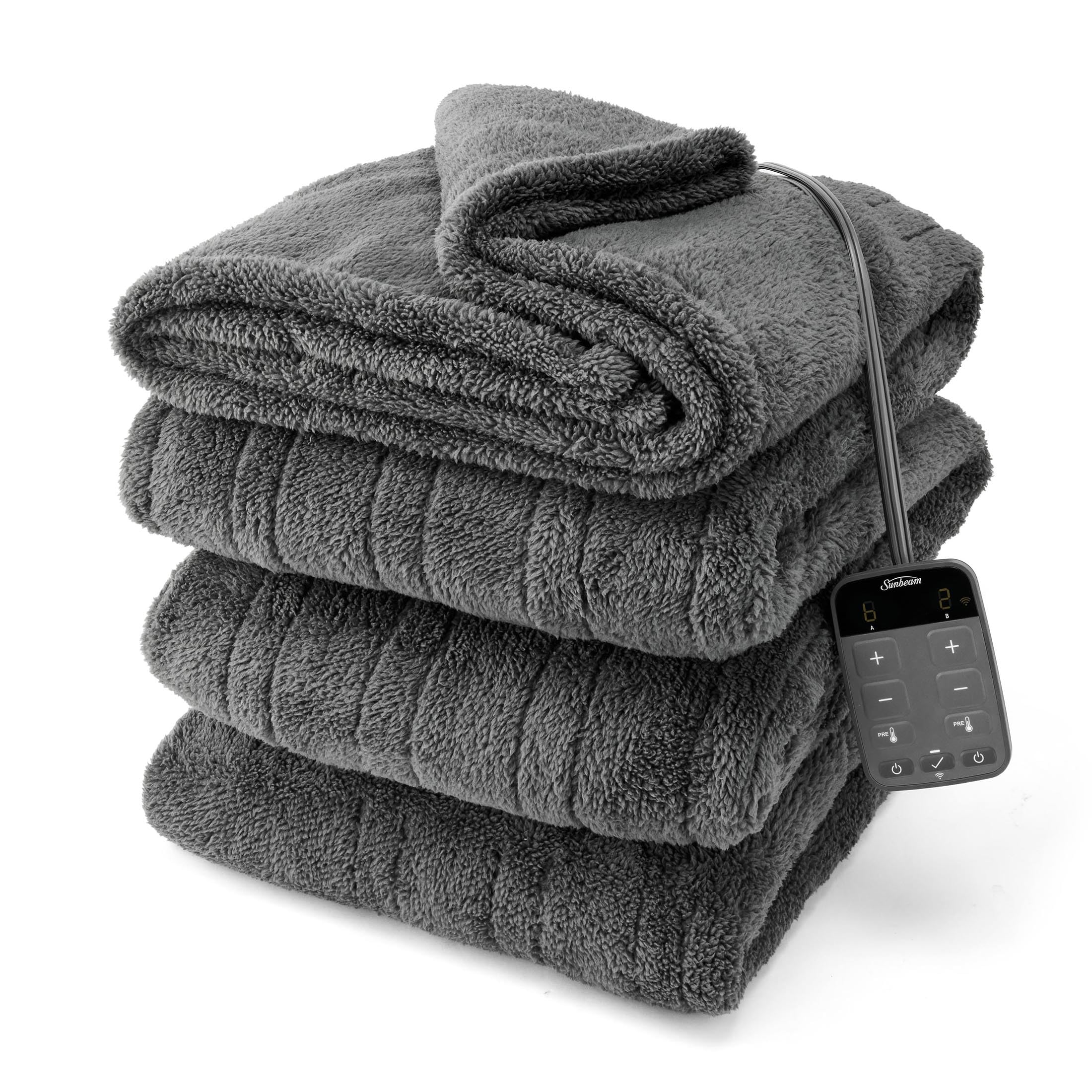Sunbeam Electric Wi-Fi Connected Loftec Heated Blanket - 10 Heat Settings, 10-Hour Auto Off, Fast Heating Smart Blanket with Voice & Wired Controller - Night Fog Grey, Queen Size (90