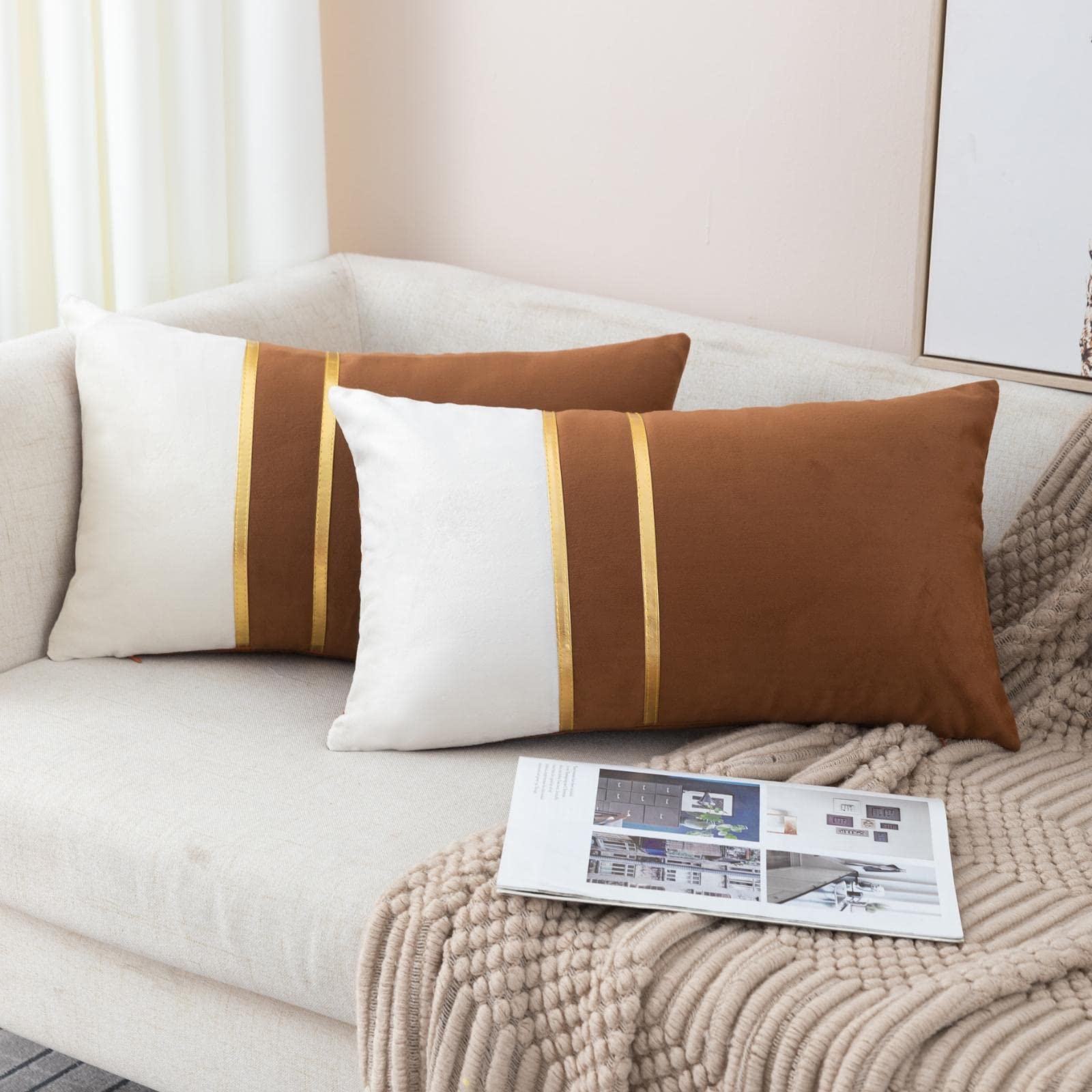 ZLINA Set of 2 Velvet Decorative Lumbar Pillow Covers - Brown & White Patchwork with Gold Leather Accents - 12×20 Inch Cushion Covers for Sofa, Bedroom, Living Room & Car Decor - Luxury Home Accessories for Modern Interior Design