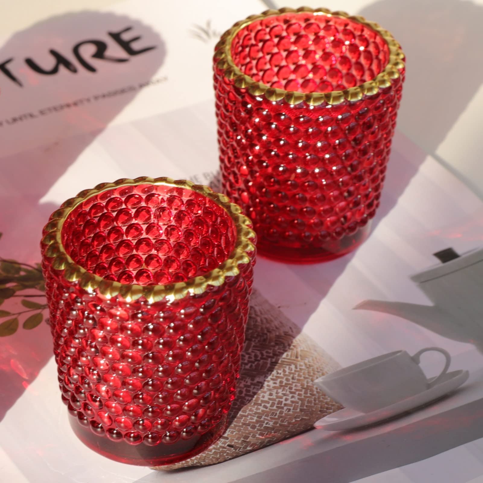 WOHO Set of 12 Red Glass Votive Candle Holders with Gold Rim - Bulk Tealight Holders for Table Centerpieces, Christmas Decor, Holiday Parties & Romantic Dating Nights - Perfect for Weddings, Restaurants & Home Decoration