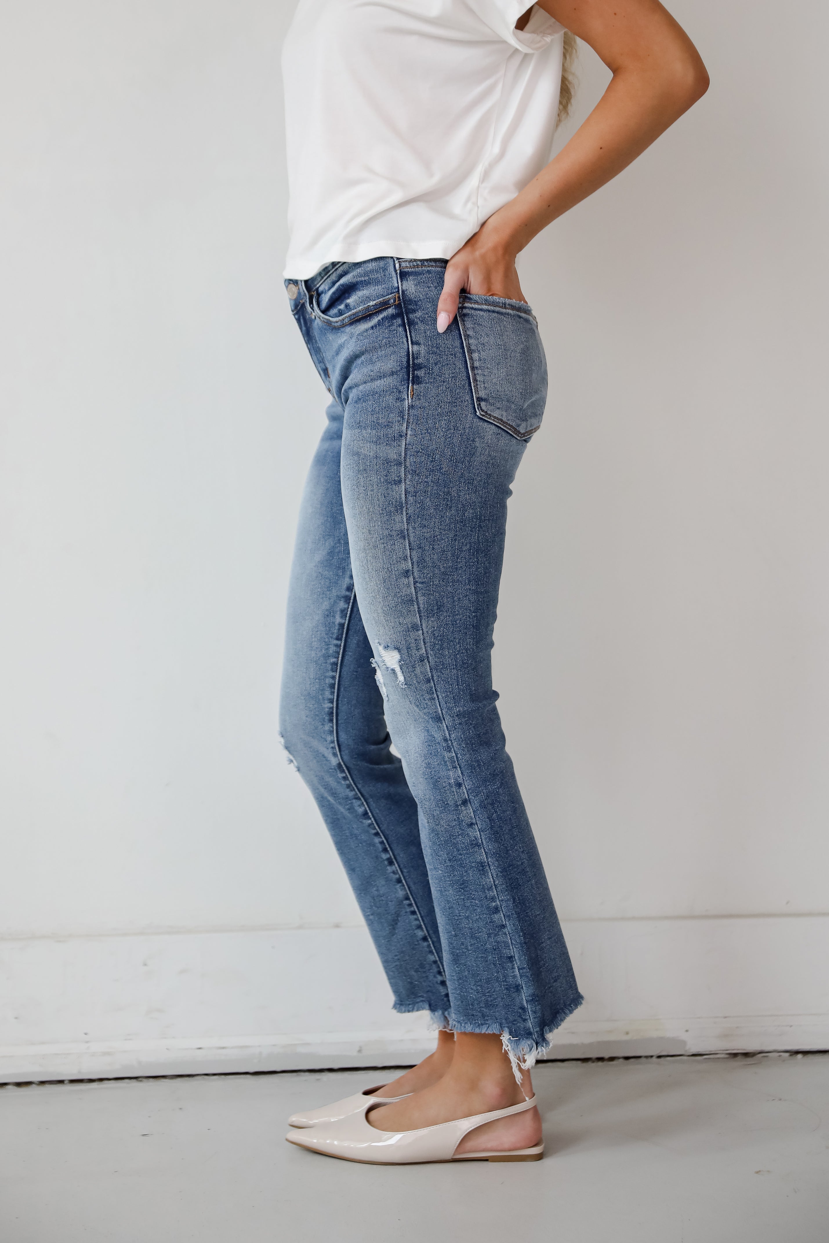 Amber Medium Wash Mid Rise Ankle Bootcut Jeans for Women - Comfortable Stretch Denim Pants for Casual Wear & Everyday Outfits