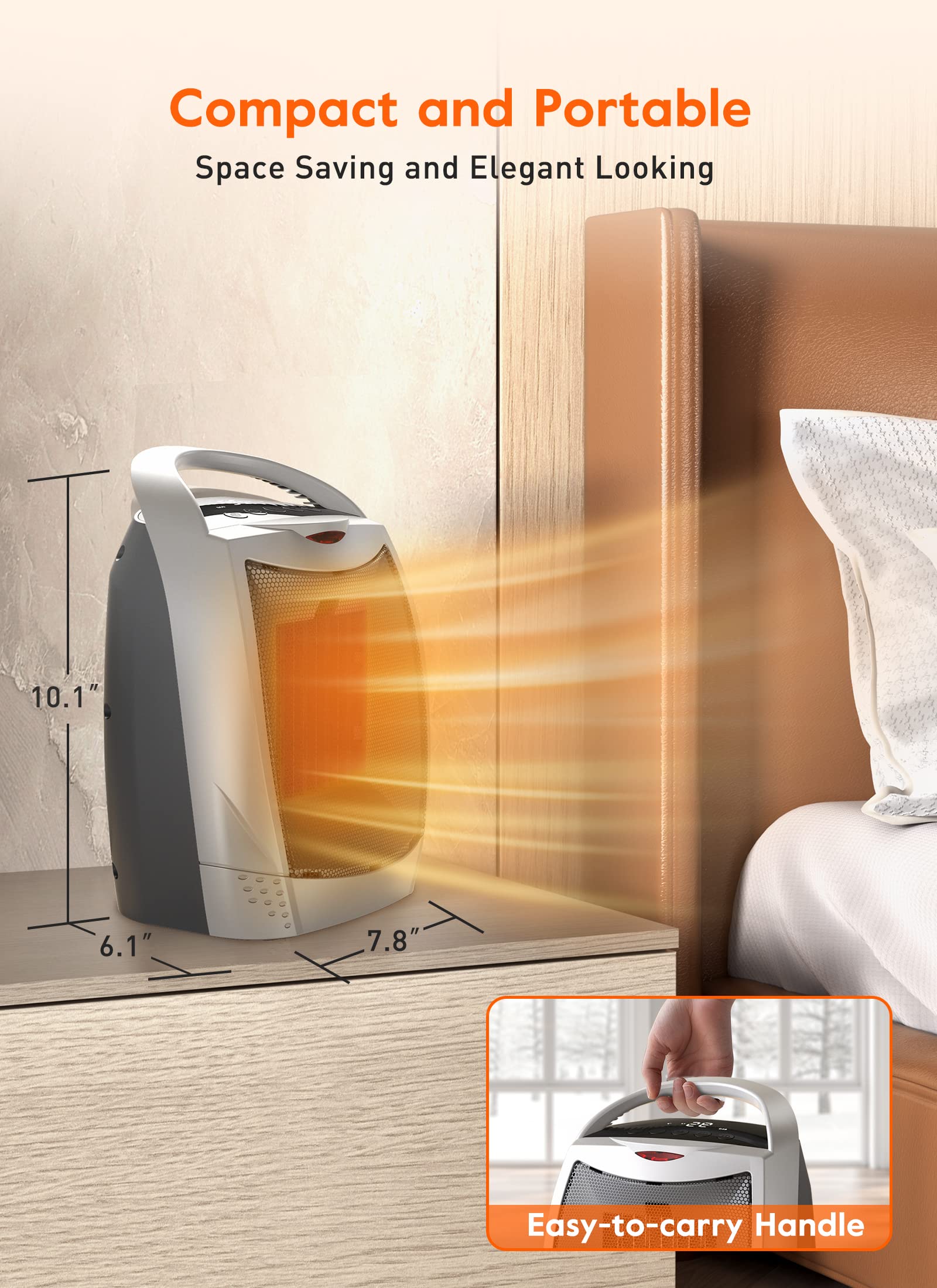 Best Space Heater for Indoor Use - 1500W PTC Ceramic Portable Heater with Thermostat, Timer, Eco & Fan Modes | Fast Heating & Safety Features for Bedroom, Office & Home Use | Perfect for Winter Warmth & Energy Saving
