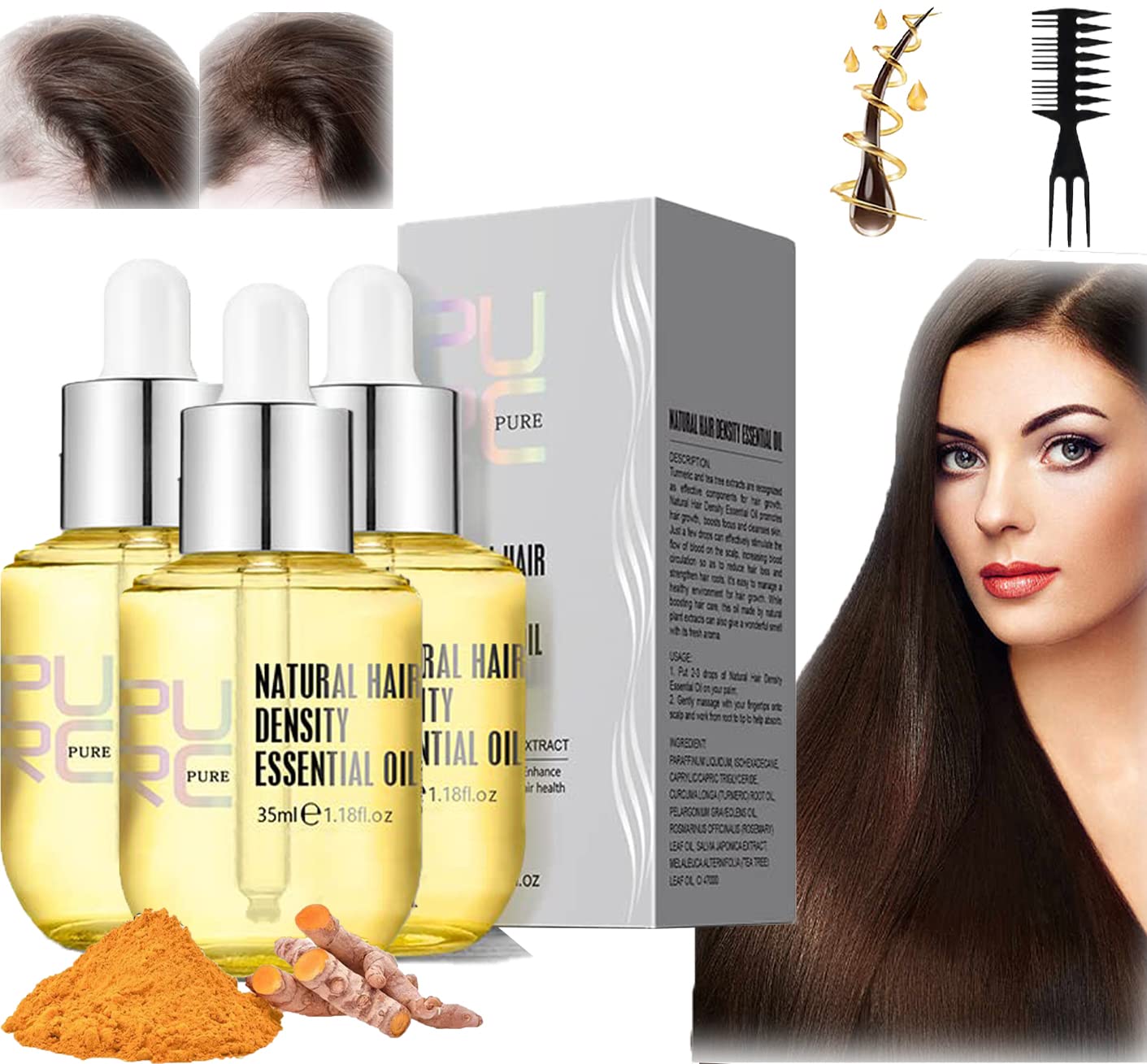 PURC Hair Growth Essential Oil with Ginger - 3PCS Set for Thicker, Stronger Hair | Natural Scalp Treatment to Prevent Hair Loss & Stimulate Fast Growth | Perfect for Daily Hair Care & Scalp Massage