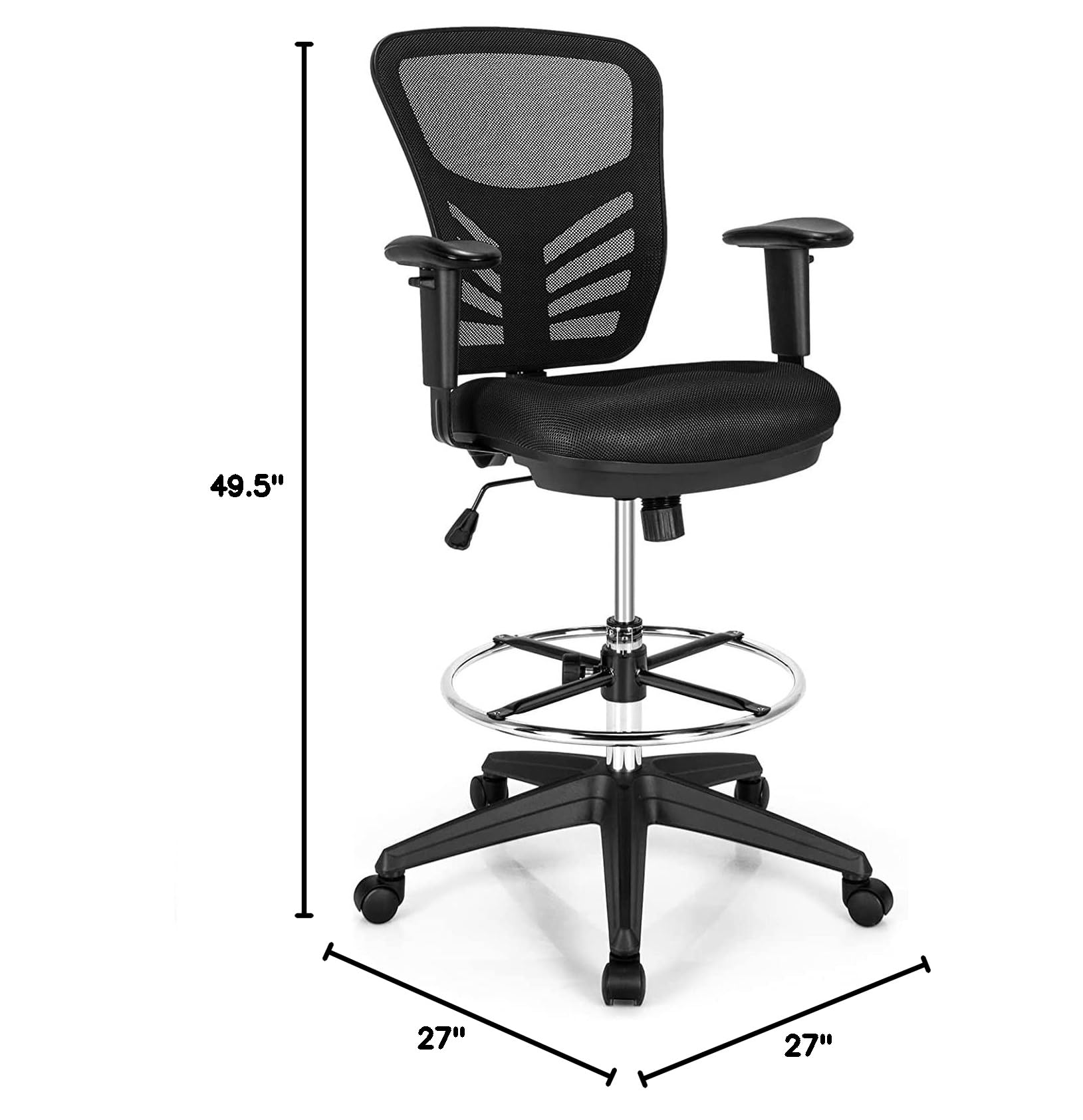 COSTWAY Ergonomic Mesh Office Chair with Adjustable Footrest & Armrests - Counter Height Standing Desk Chair, Rolling Height Adjustable Computer Drafting Chair for Home Office (Black) | Perfect for Long Work Hours, Gaming & Remote Work