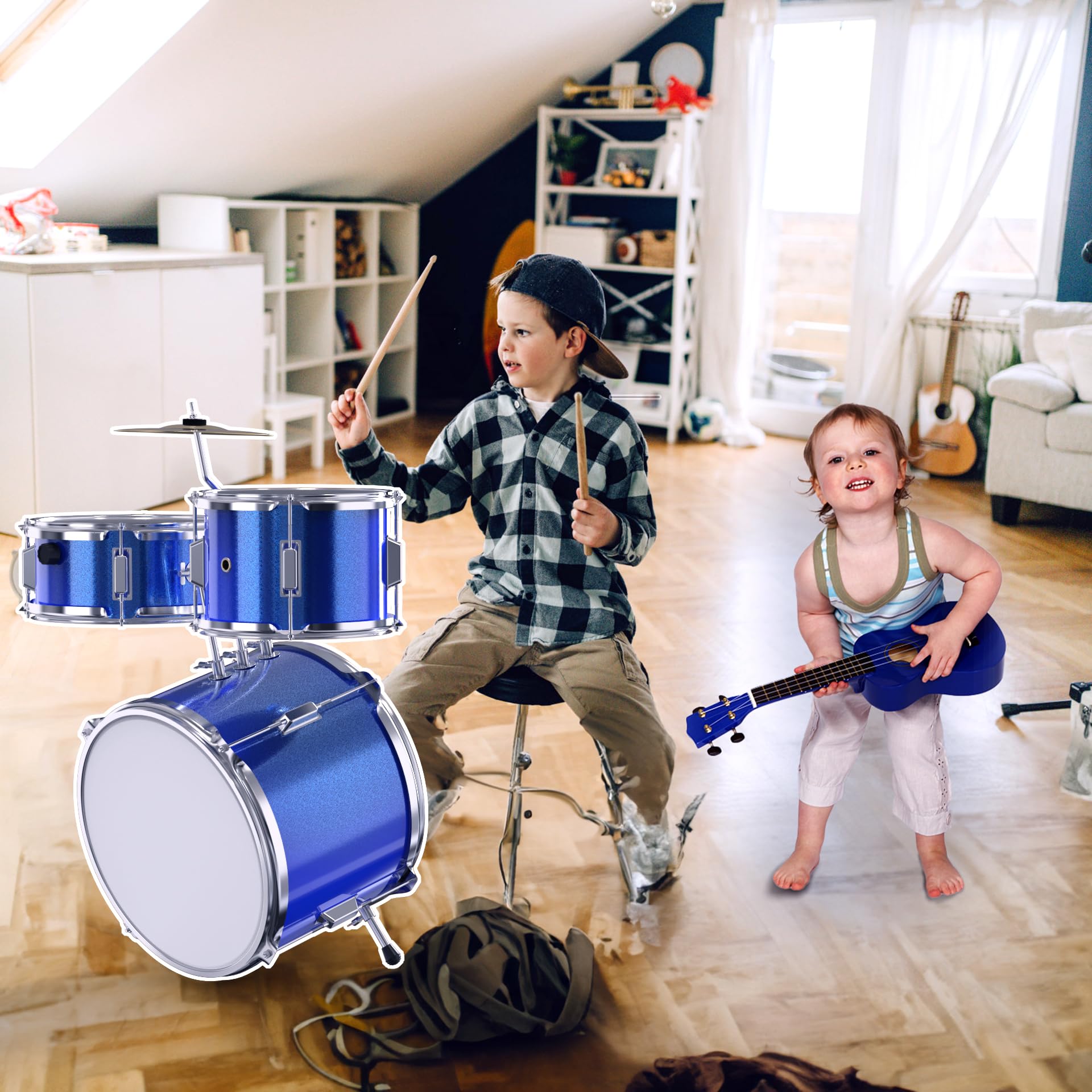 Blue 3-Piece Beginner Drum Set Kit with Throne Stool - Kids Starter Drum Kit for Learning & Practice - Perfect for Home, School & Music Classes