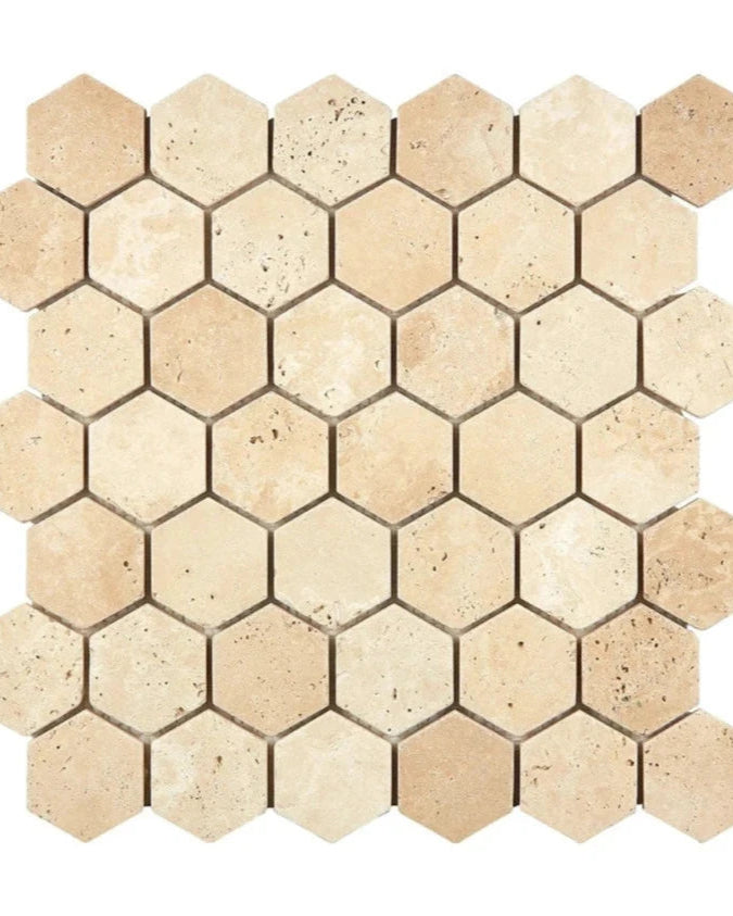 Premium Ivory Travertine 2 Inch Hexagon Mosaic Tile - Natural Stone Floor & Wall Tile for Bathroom, Kitchen Backsplash, Shower, and Pool Designs