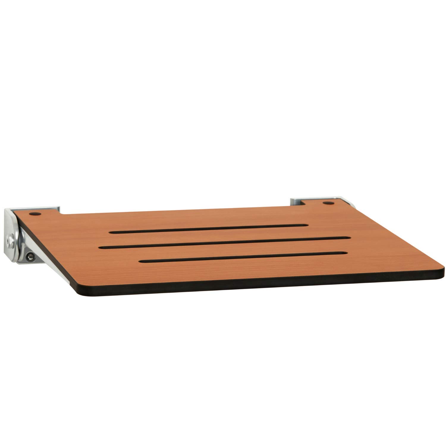 Seachrome 18 Inch Folding Wall Mount Shower Bench - Teak Wood Seat with Silver Frame | Space-Saving Slimline Design for Small Bathrooms & Accessible Shower Seating