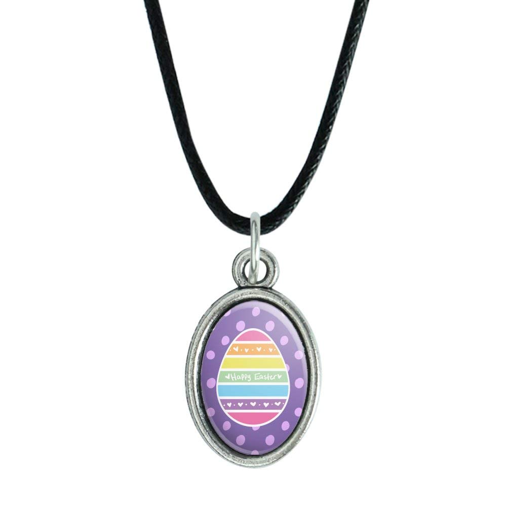 Vintage Rainbow Happy Easter Egg Charm Pendant with Black Satin Cord - Cute Oval Jewelry for Easter Gifts, Spring Fashion Accessories & Holiday Decorations