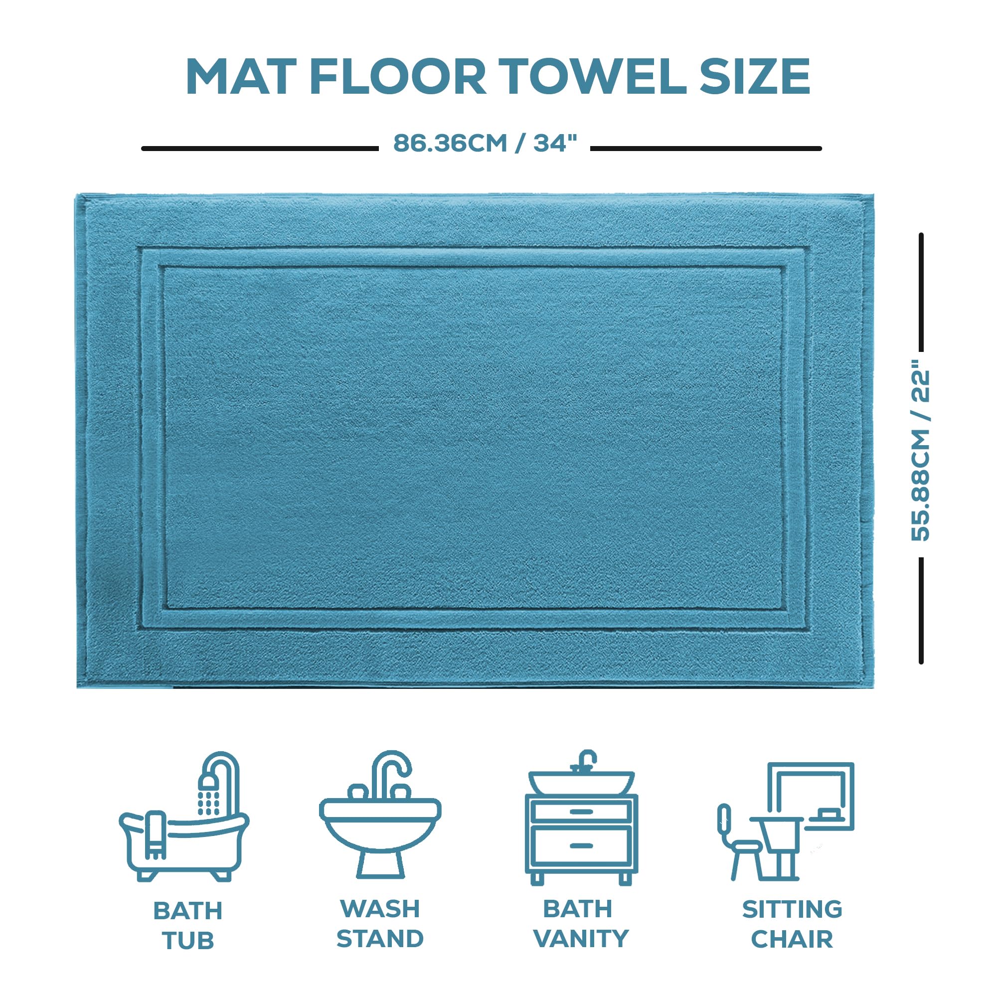 ALIBI Luxury Bath Mat & Floor Towel Set - 2 Pack Super Soft Absorbent Cotton Bath Mats for Bathroom, Shower & Spa | Machine Washable Non-Slip Tub Mats (22x34 Inches, Blue) | Perfect for Stepping Out of Shower, Hotel Style Bathroom Decor & Spa Relaxation