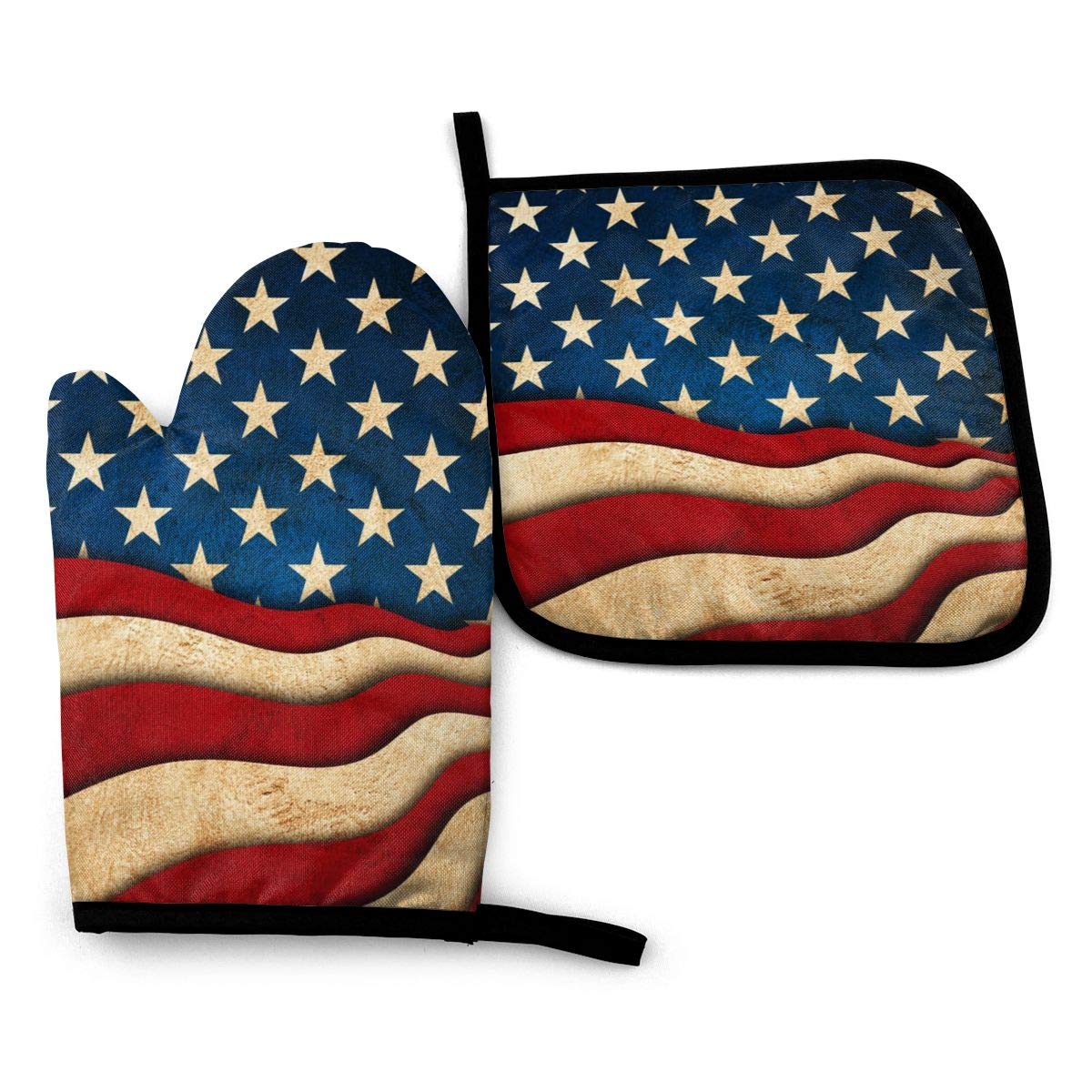Vintage American Flag Oven Mitts & Pot Holders Set - Heat Resistant Kitchen Gloves for Baking, BBQ, Grilling - Non-Slip & Safe (2-Piece Set) - Perfect for 4th of July, Memorial Day & Patriotic Kitchen Decor