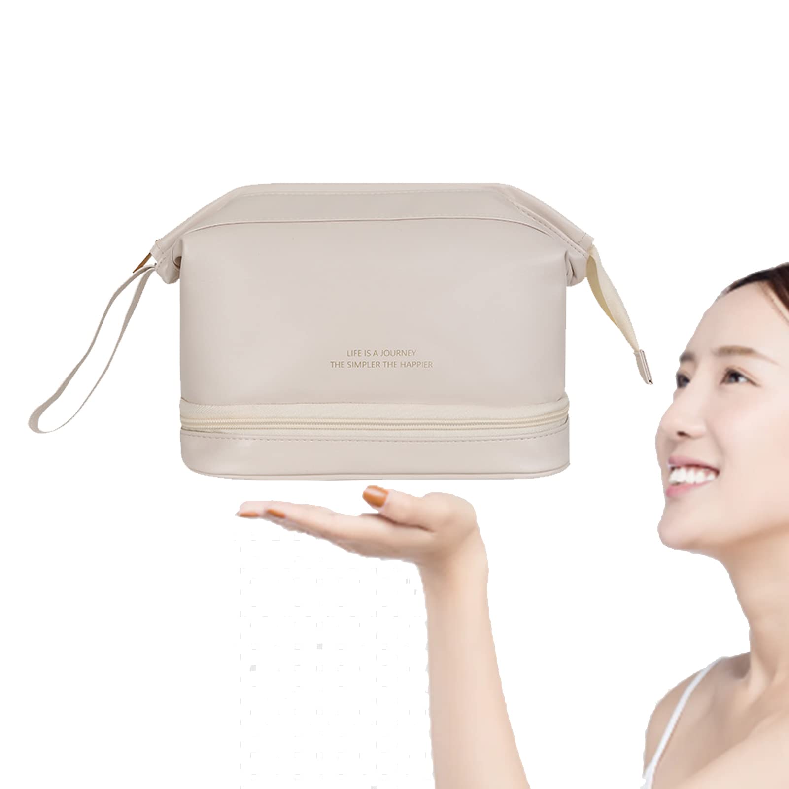 Large Leather Makeup Bag for Women - Double Layer Travel Cosmetic Organizer with Roomy Storage, Portable Toiletry Bag for Girls - Perfect for Travel, Gym, and Daily Use (White)