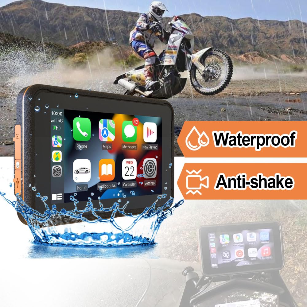 Motorcycle CarPlay Android Auto GPS Navigation System with Dual 1080p DVR Cameras, Bluetooth, WiFi, Waterproof Design & 1000mAh Battery - Handlebar Mount (Yellow) for Adventure Riding & Commuting